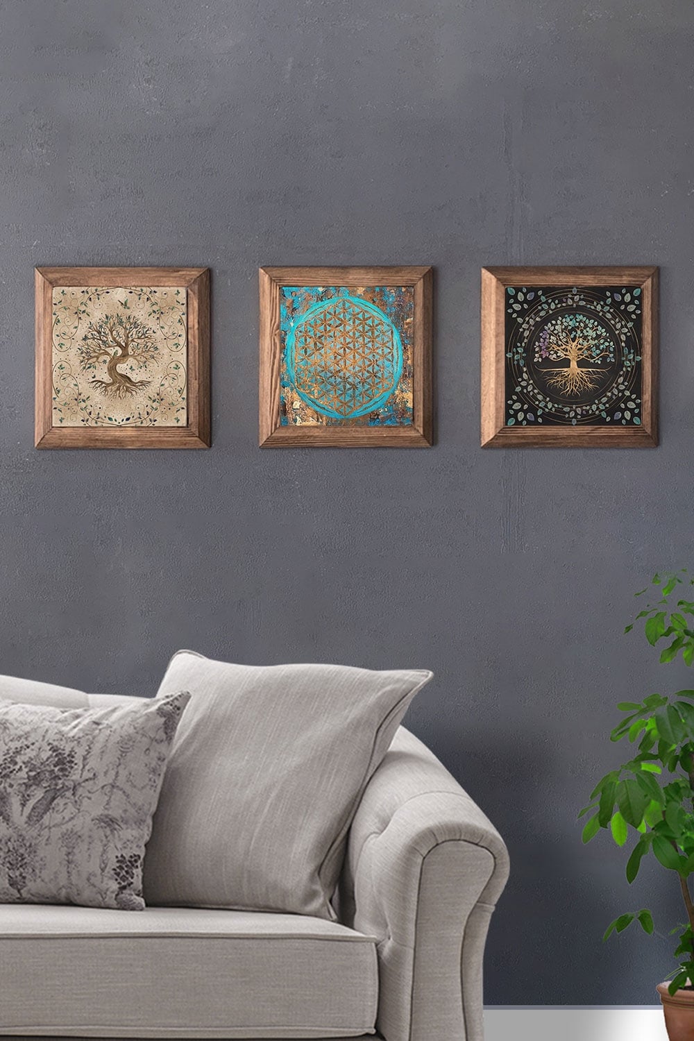 Oscar Stone Decor Masif (Ahşap) Çerçeveli 3'lü Set Taş Tablo Pano 28x28 cm Hayat Ağacı Yaşam Çiçeği