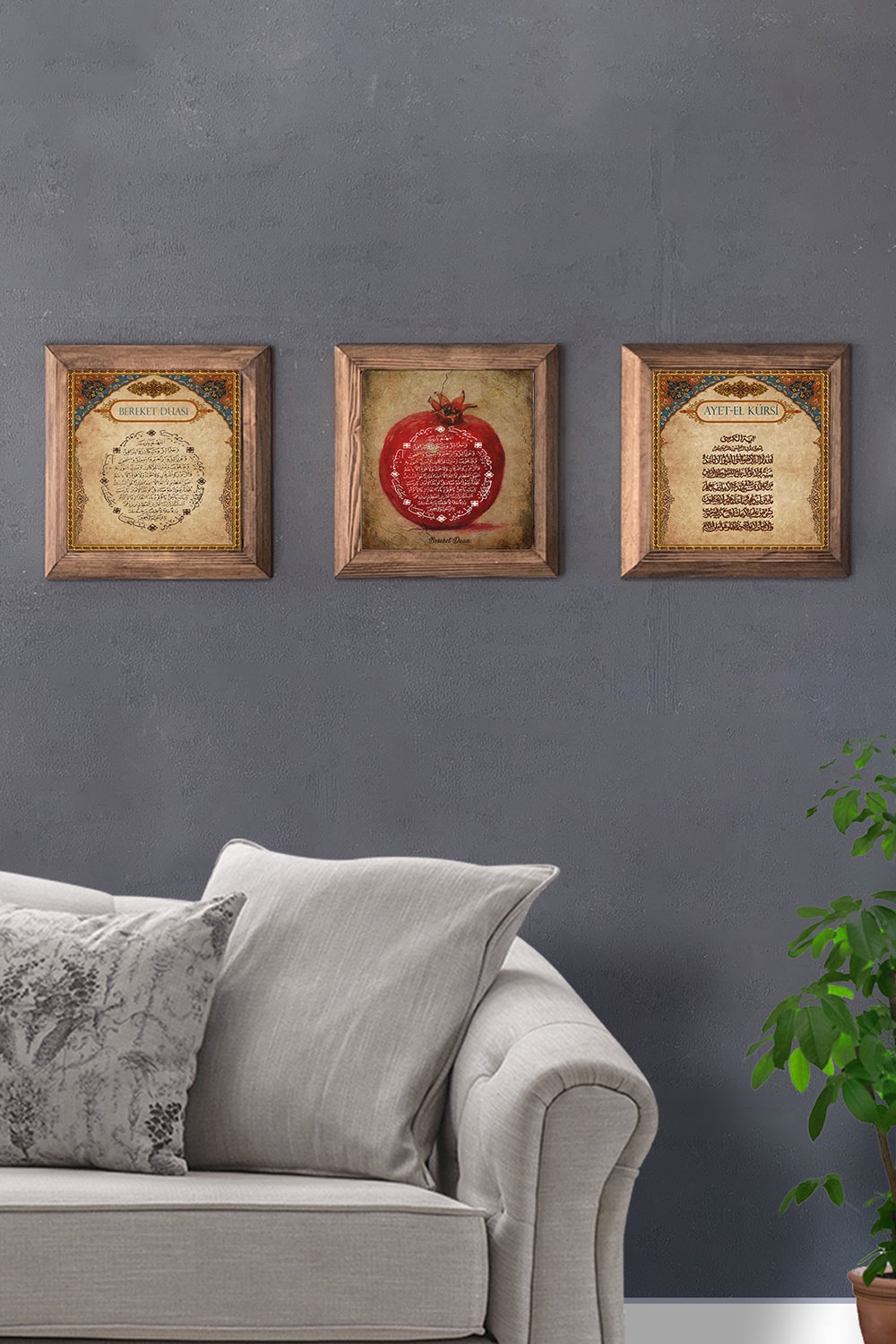 Oscar Stone Decor Masif (Ahşap) Çerçeveli 3'lü Set Taş Tablo Pano 28x28 cm Bereket Ayetel Nar Dua
