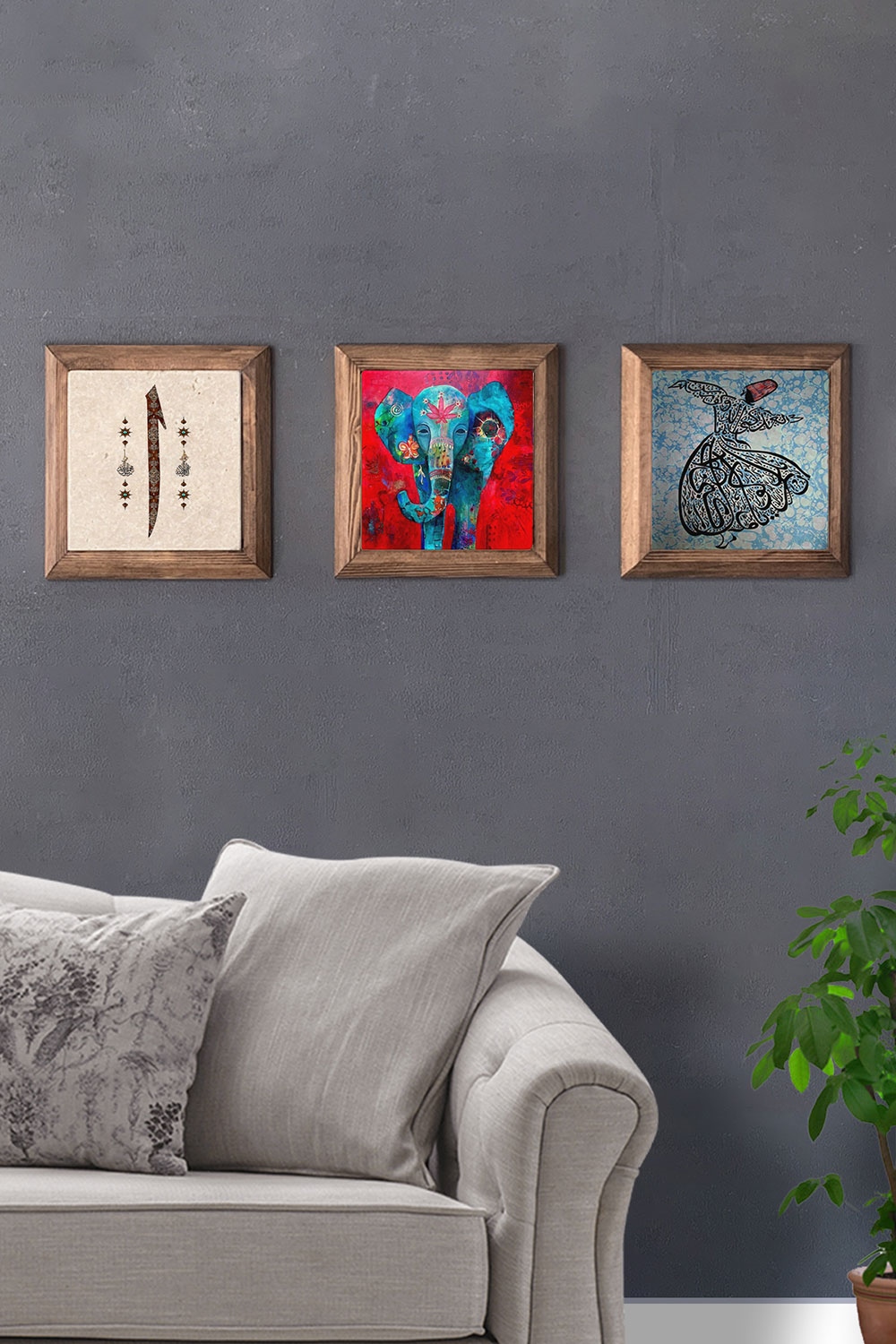 Oscar Stone Decor Masif (Ahşap) Çerçeveli 3'lü Set Taş Tablo Pano 28x28 cm Elif Fil Semazen