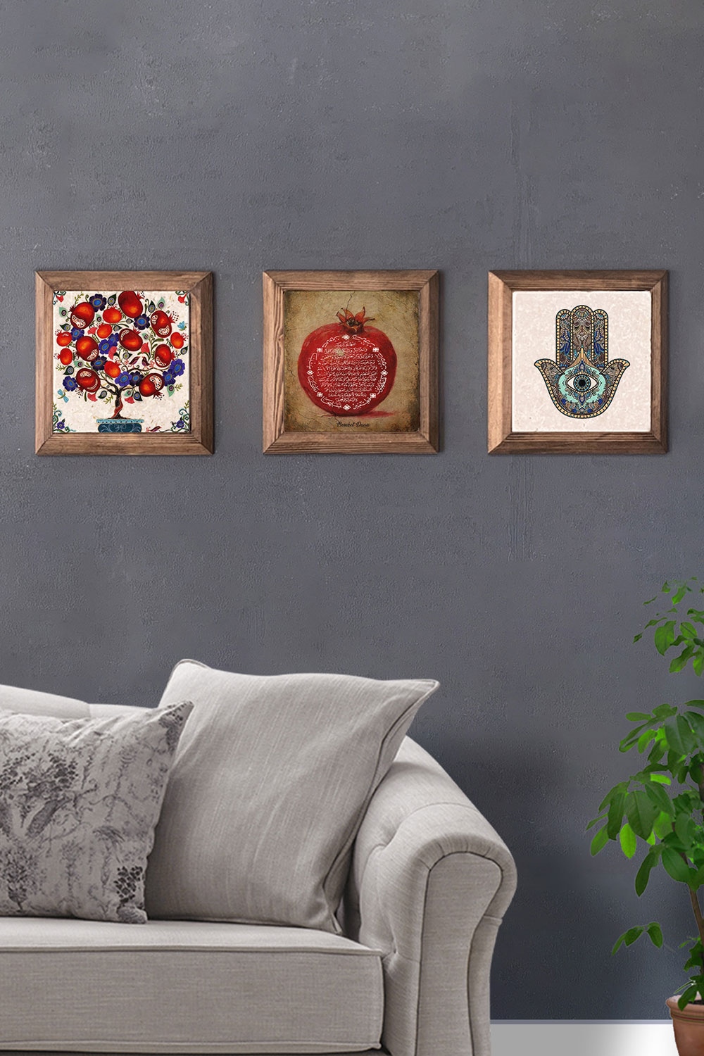 Oscar Stone Decor Masif (Ahşap) Çerçeveli 3'lü Set Taş Tablo Pano 28x28 cm Nar Ağacı Fatma Ana Nar