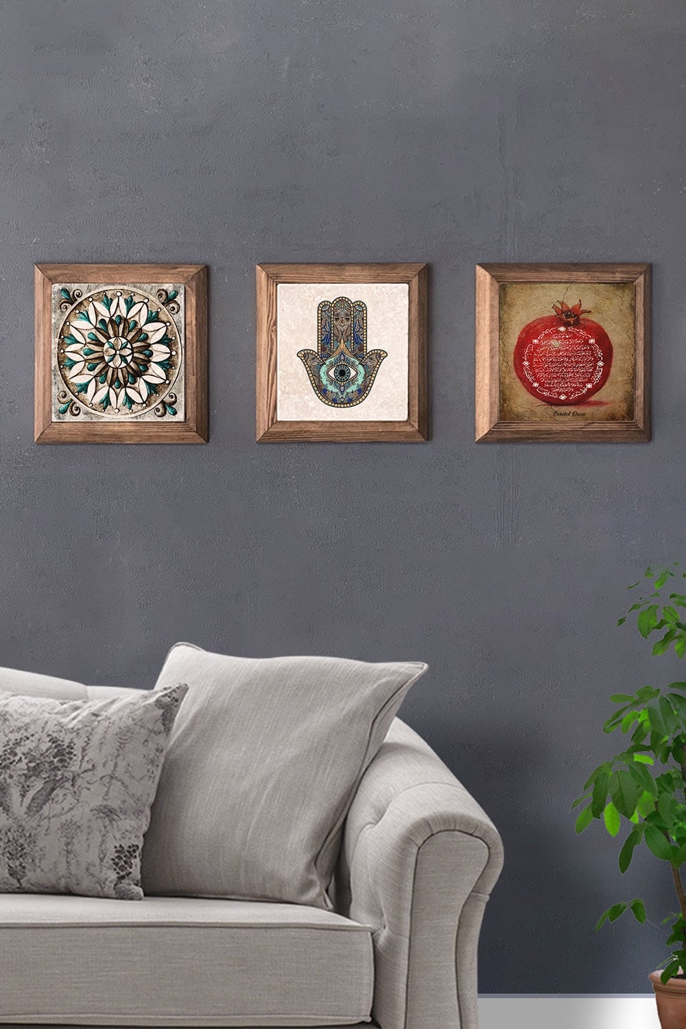 Oscar Stone Decor Masif (Ahşap) Çerçeveli 3'lü Set Taş Tablo Pano 28x28 cm Desen Fatma Ana Nar Dua