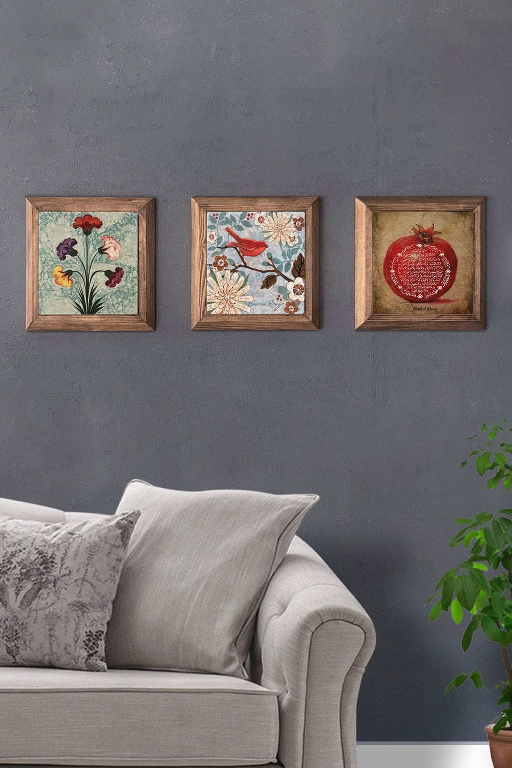 Oscar Stone Decor Masif (Ahşap) Çerçeveli 3'lü Set Taş Tablo Pano 28x28 cm Ebruli Kuş Nar Duası
