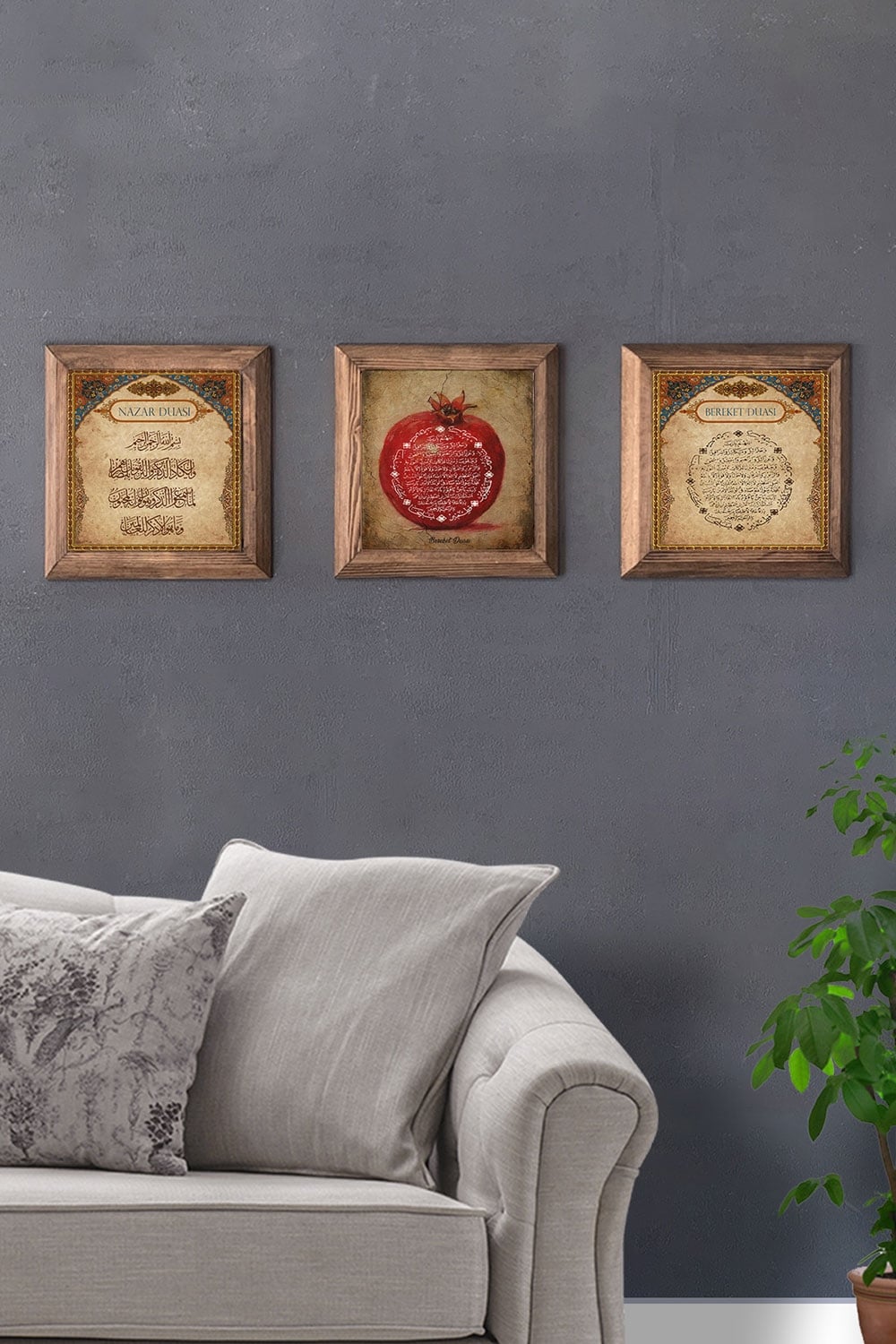 Oscar Stone Decor Masif (Ahşap) Çerçeveli 3'lü Set Taş Tablo Pano 28x28 cm Nazar Bereket Dua Nar Dua