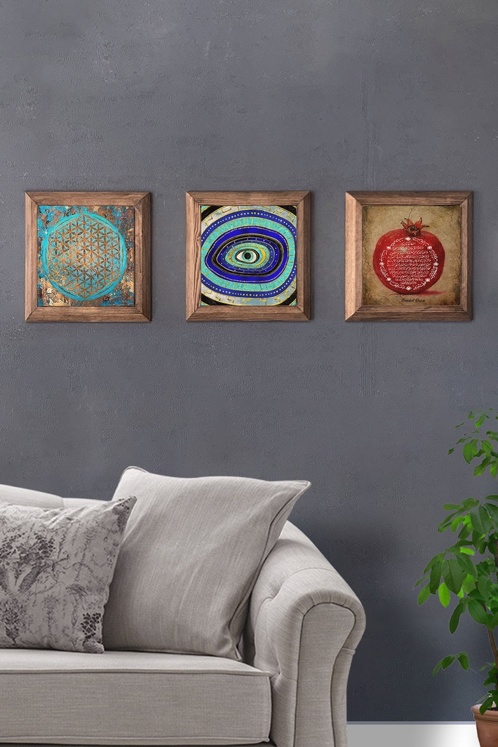 Oscar Stone Decor Masif (Ahşap) Çerçeveli 3'lü Set Taş Tablo Pano 28x28 cm Yaşam Çiçeği Nar Nazar