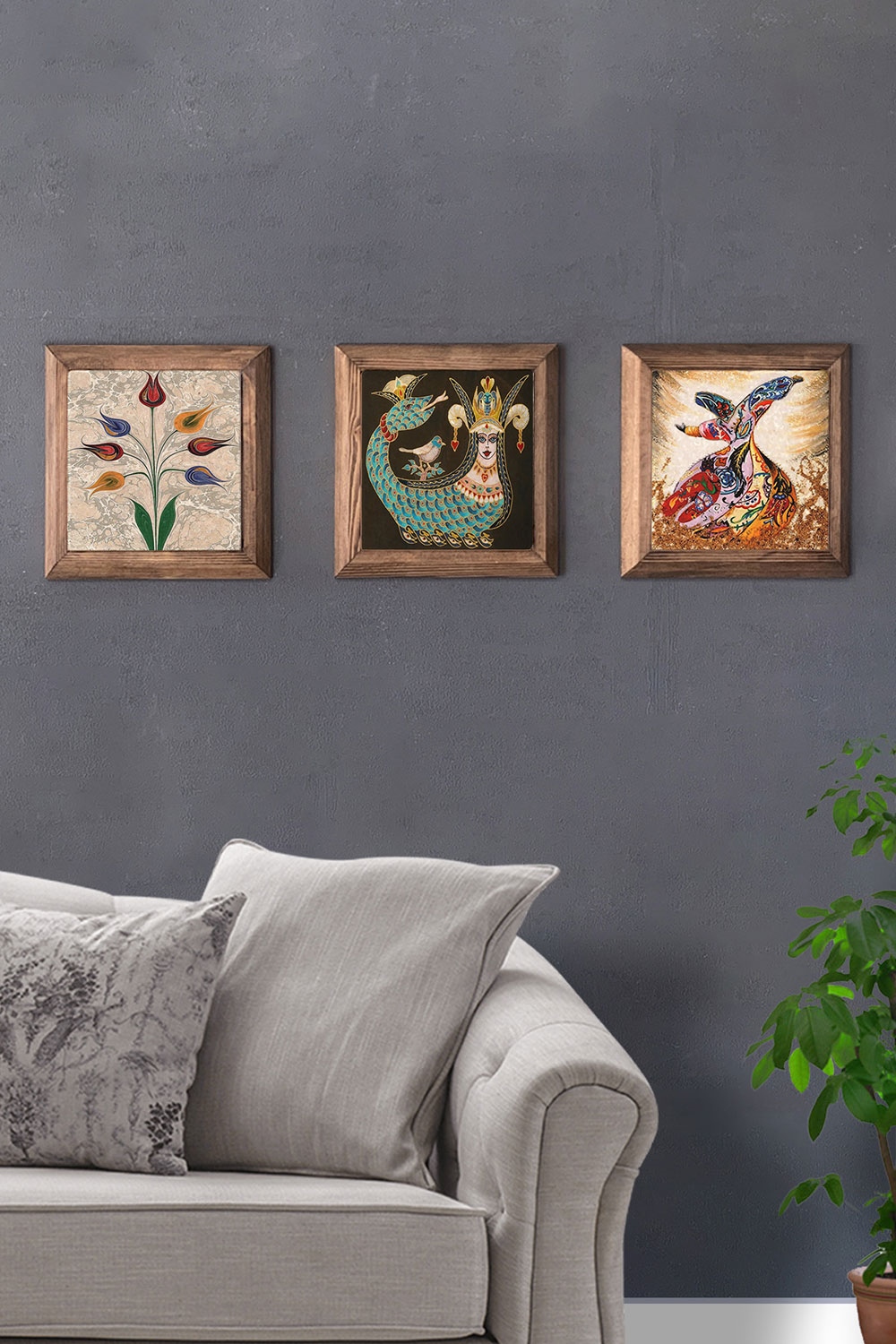 Oscar Stone Decor Masif (Ahşap) Çerçeveli 3'lü Set Taş Tablo Pano 28x28 cm Ebruli Şahmeran Semazen