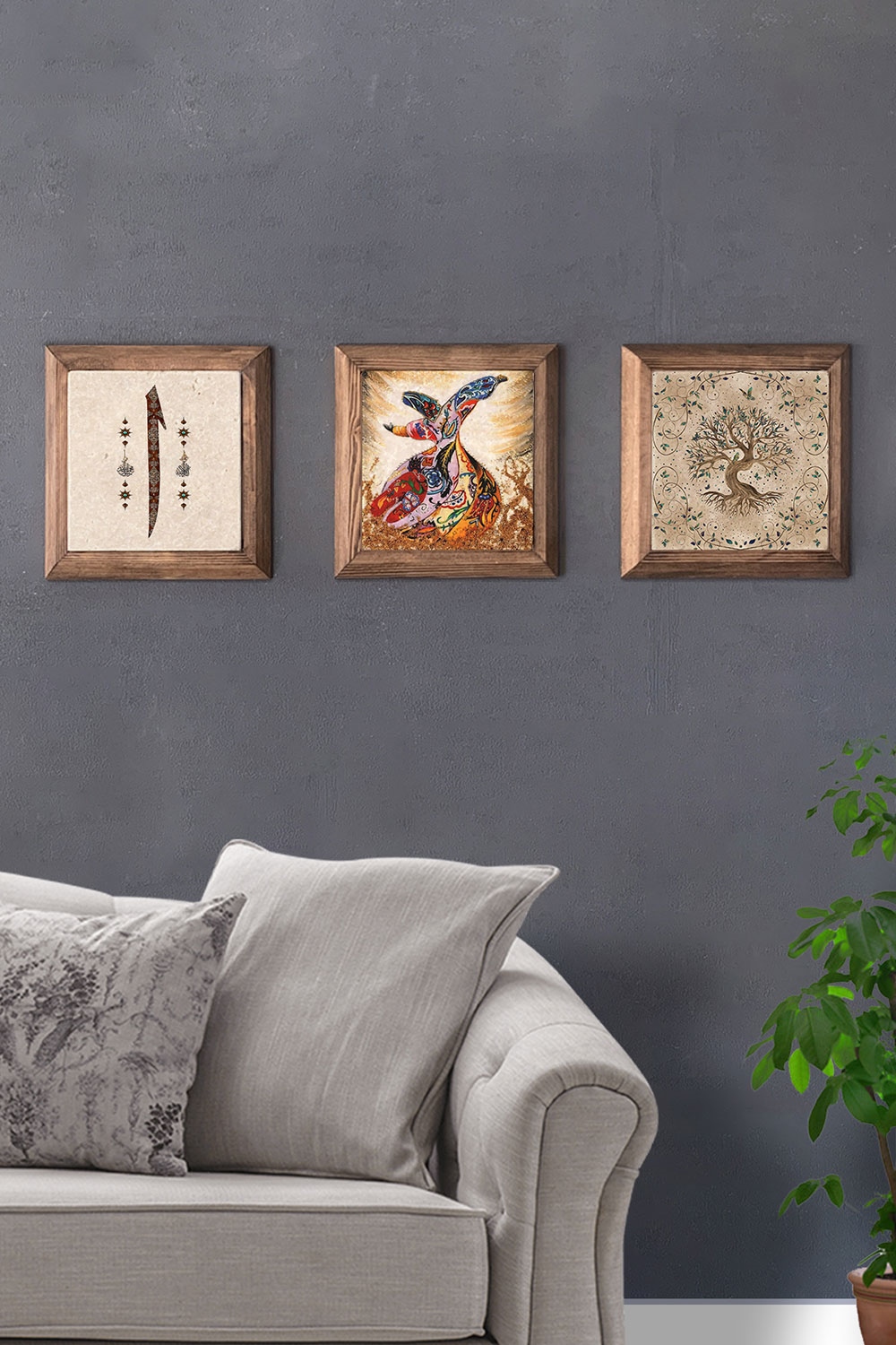 Oscar Stone Decor Masif (Ahşap) Çerçeveli 3'lü Set Taş Tablo Pano 28x28 cm Elif Semazen Hayat Ağacı