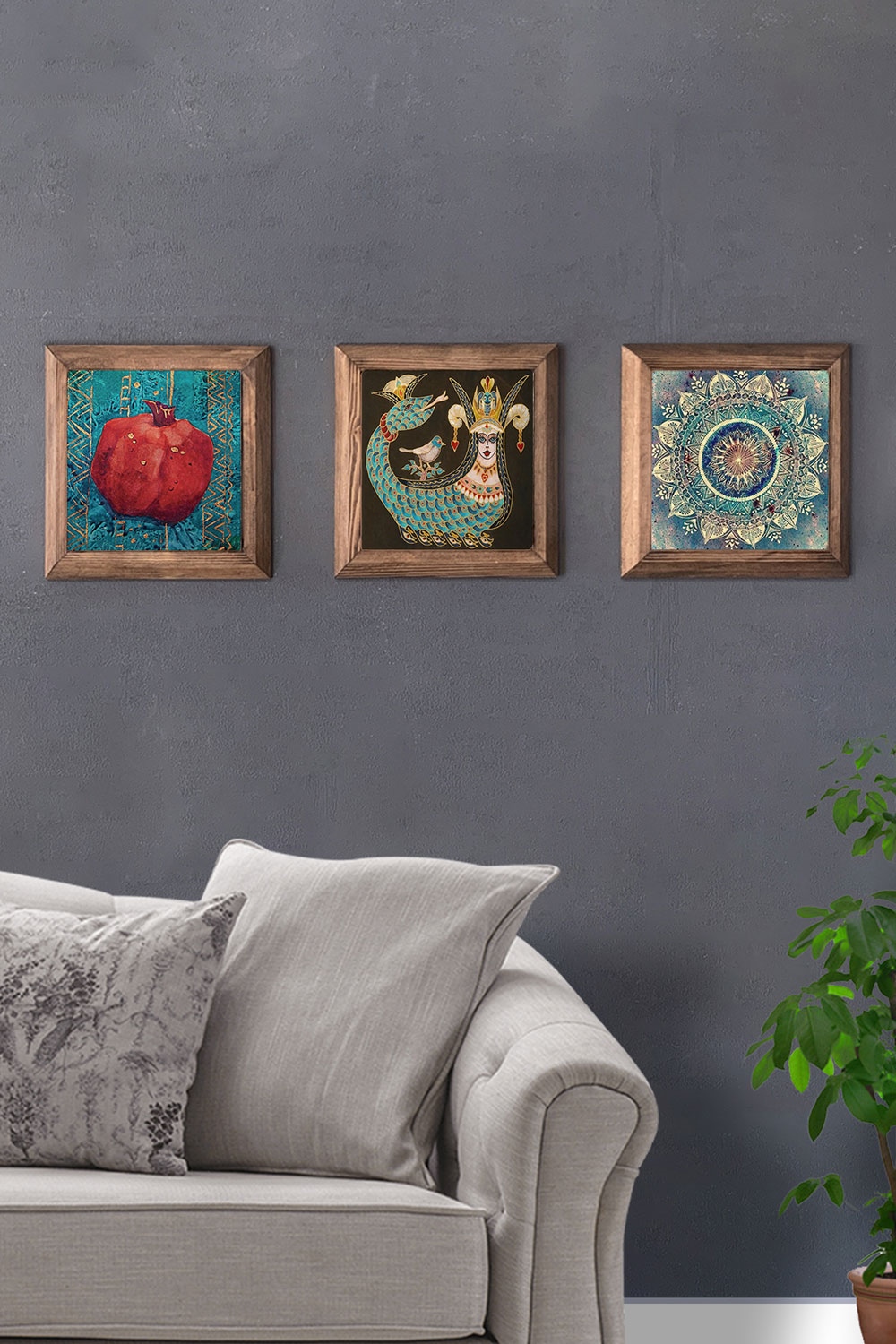 Oscar Stone Decor Masif (Ahşap) Çerçeveli 3'lü Set Taş Tablo Pano 28x28 cm Şahmeran Nar