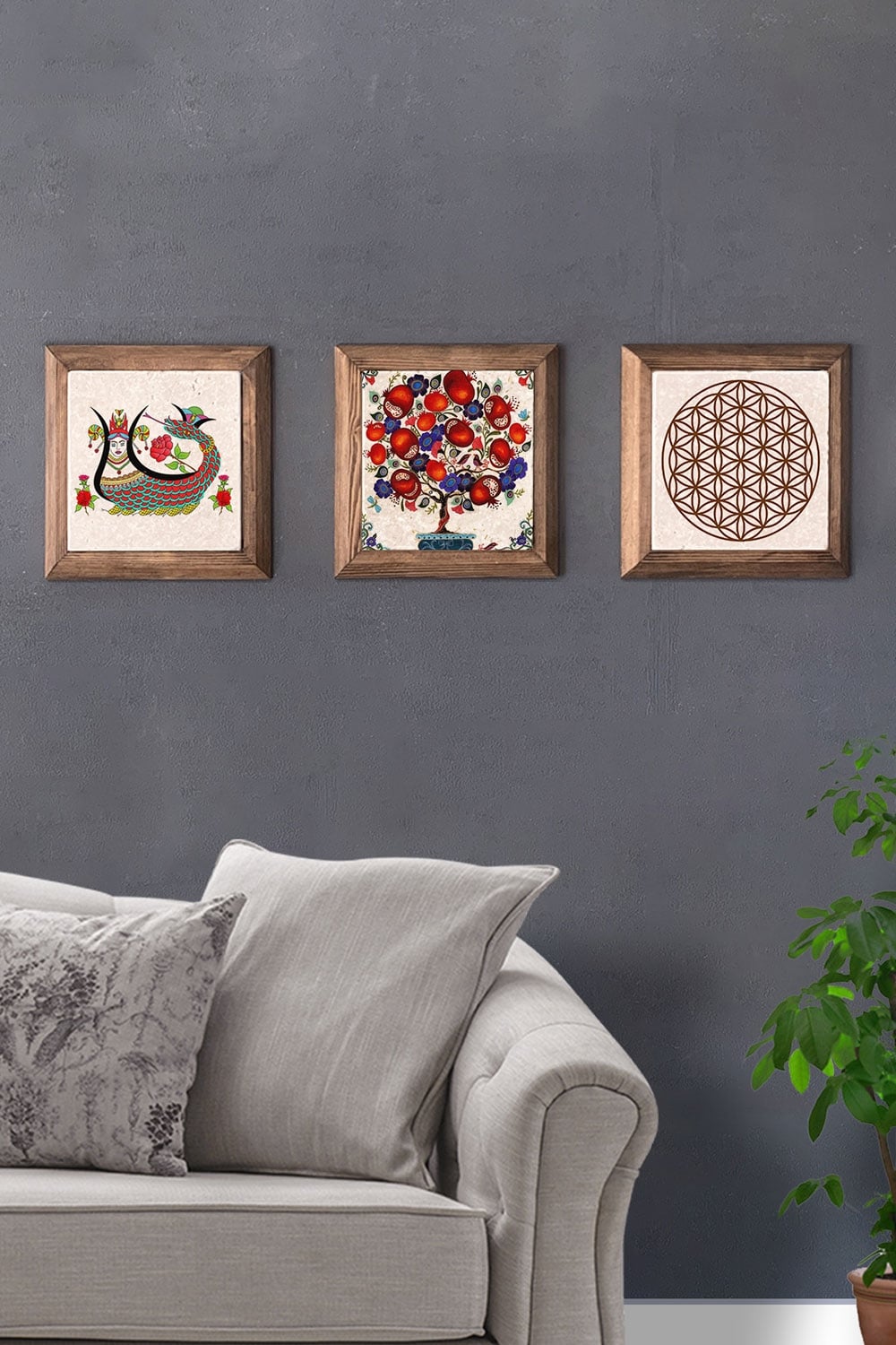 Oscar Stone Decor Masif (Ahşap) Çerçeveli 3'lü Set Taş Tablo Pano 28x28 cm Nar Ağacı Şahmeran