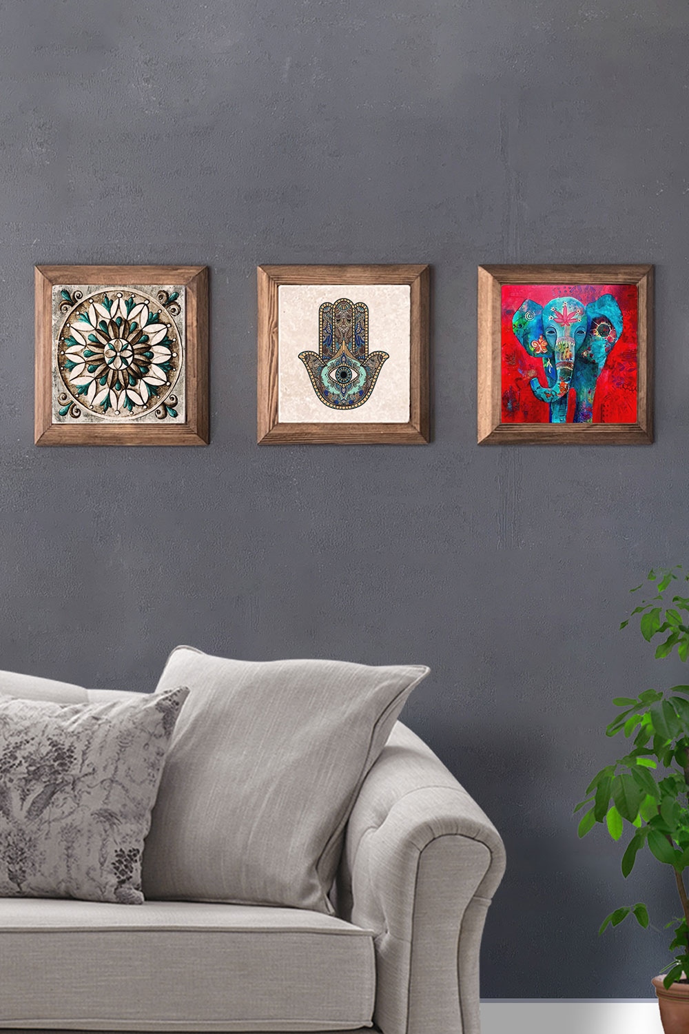 Oscar Stone Decor Masif (Ahşap) Çerçeveli 3'lü Set Taş Tablo Pano 28x28 cm Fil Fatma Ana Desen