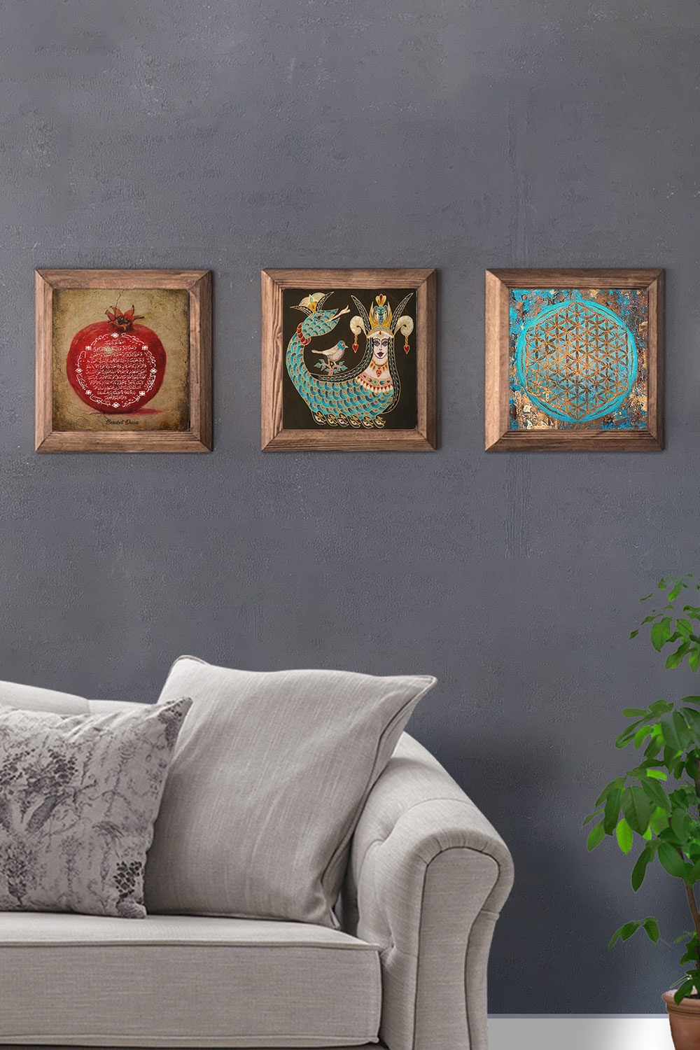 Oscar Stone Decor Masif (Ahşap) Çerçeveli 3'lü Set Taş Tablo Pano 28x28 cm Nar Şahmeran Yaşam Çiçeği