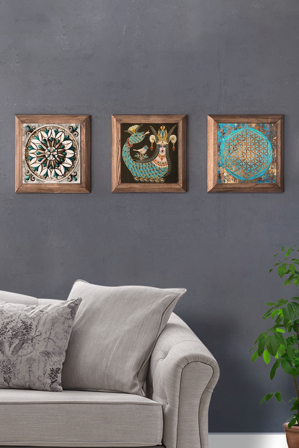 Oscar Stone Decor Masif (Ahşap) Çerçeveli 3'lü Set Taş Tablo Pano 28x28 cm Şahmeran Yaşam Çiçeği