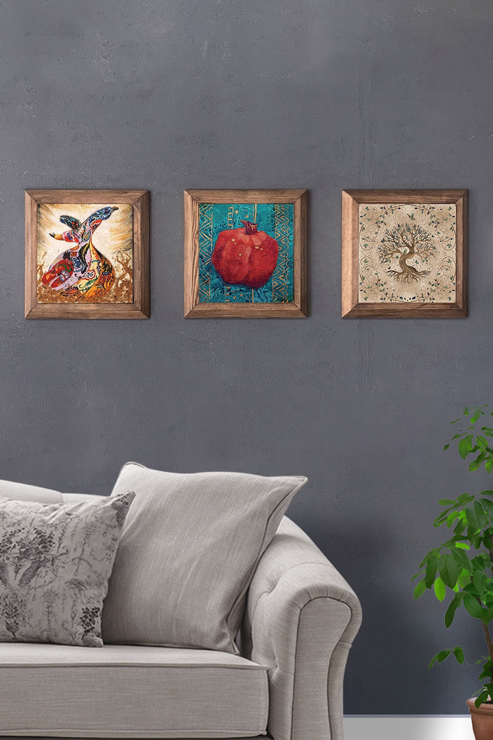 Oscar Stone Decor Masif (Ahşap) Çerçeveli 3'lü Set Taş Tablo Pano 28x28 cm Nar Hayat Ağacı Semazen