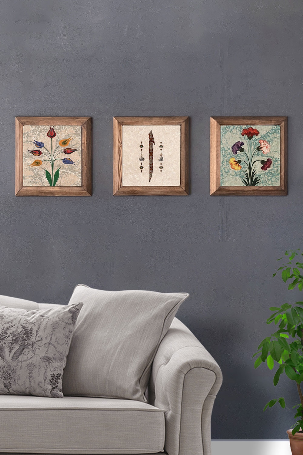 Oscar Stone Decor Masif (Ahşap) Çerçeveli 3'lü Set Taş Tablo Pano 28x28 cm Ebruli Seti ve Elif