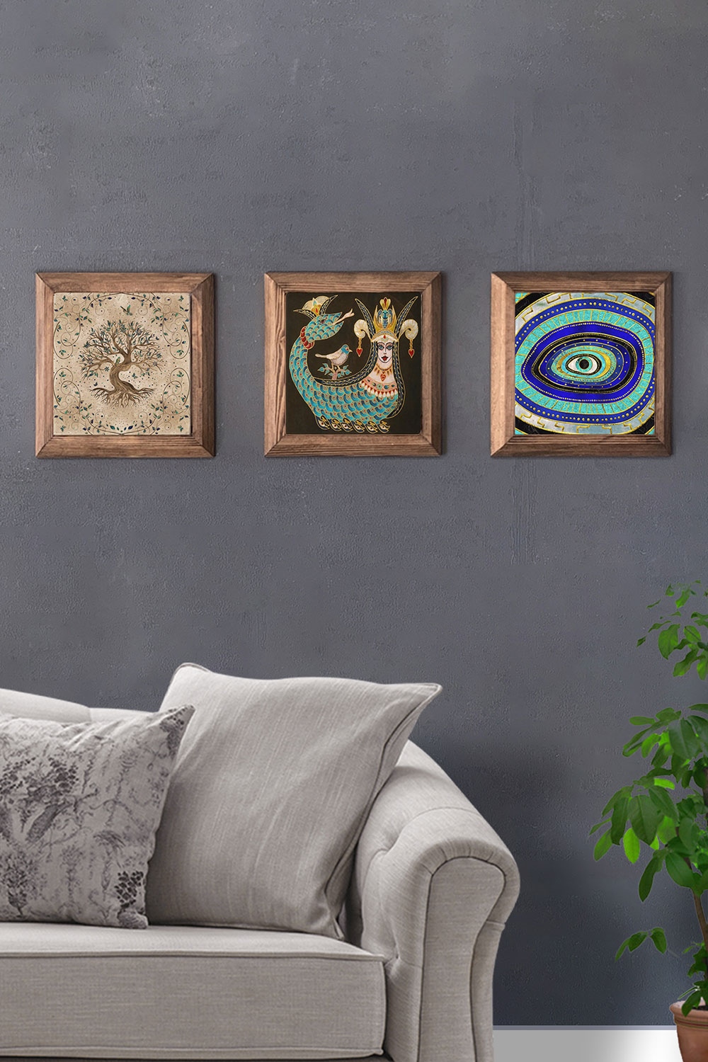 Oscar Stone Decor Masif (Ahşap) Çerçeveli 3'lü Set Taş Tablo Pano 28x28 cm Hayat Ağacı Şahmeran