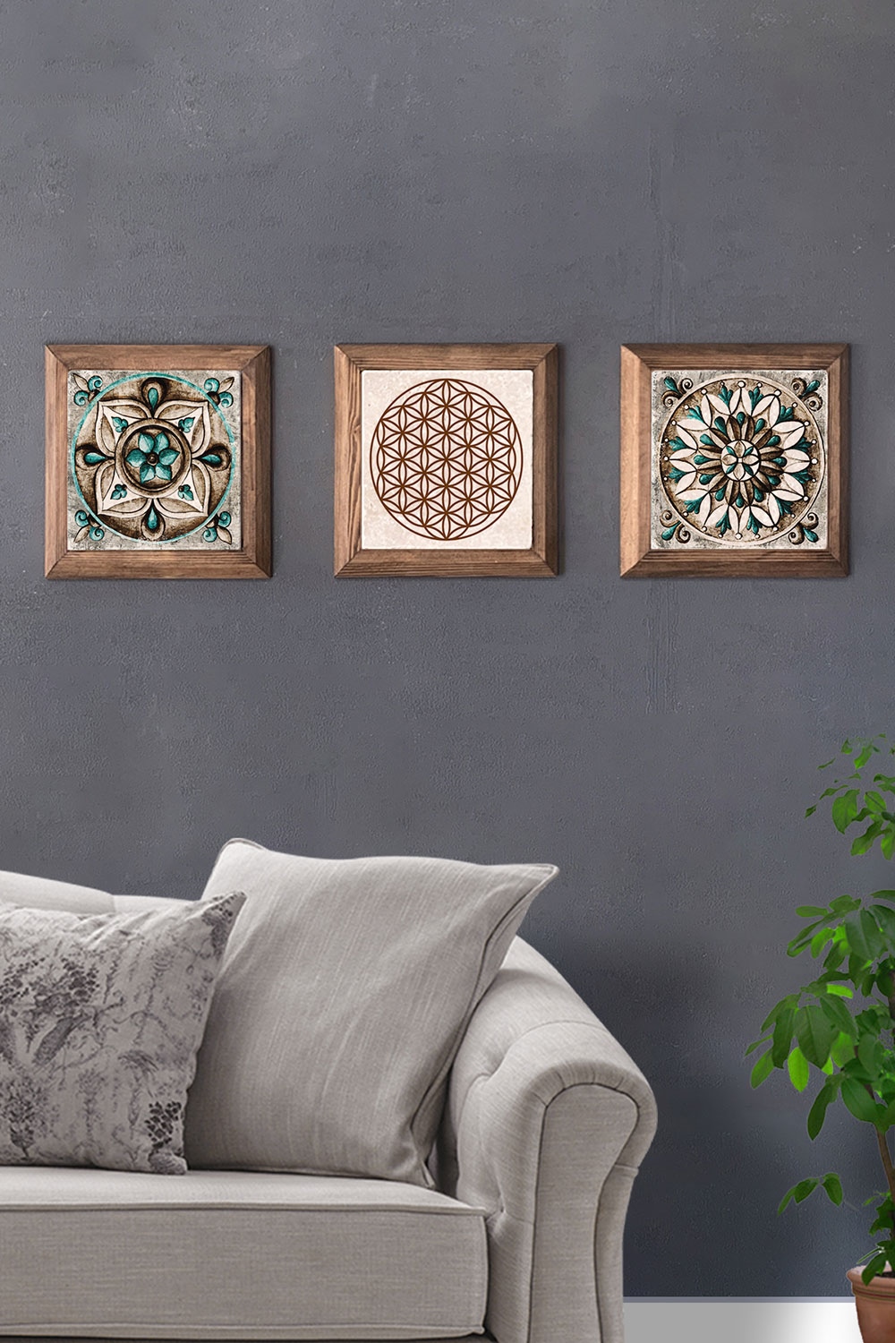 Oscar Stone Decor Masif (Ahşap) Çerçeveli 3'lü Set Taş Tablo Pano 28x28 cm Desen Seti Yaşam Çiçeği