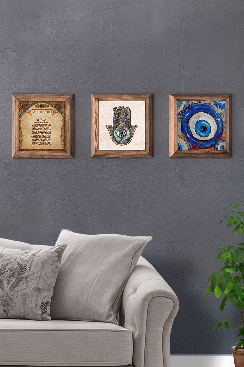 Oscar Stone Decor Masif (Ahşap) Çerçeveli 3'lü Set Taş Tablo Pano 28x28 cm Ayetel Fatma Ana Nazar