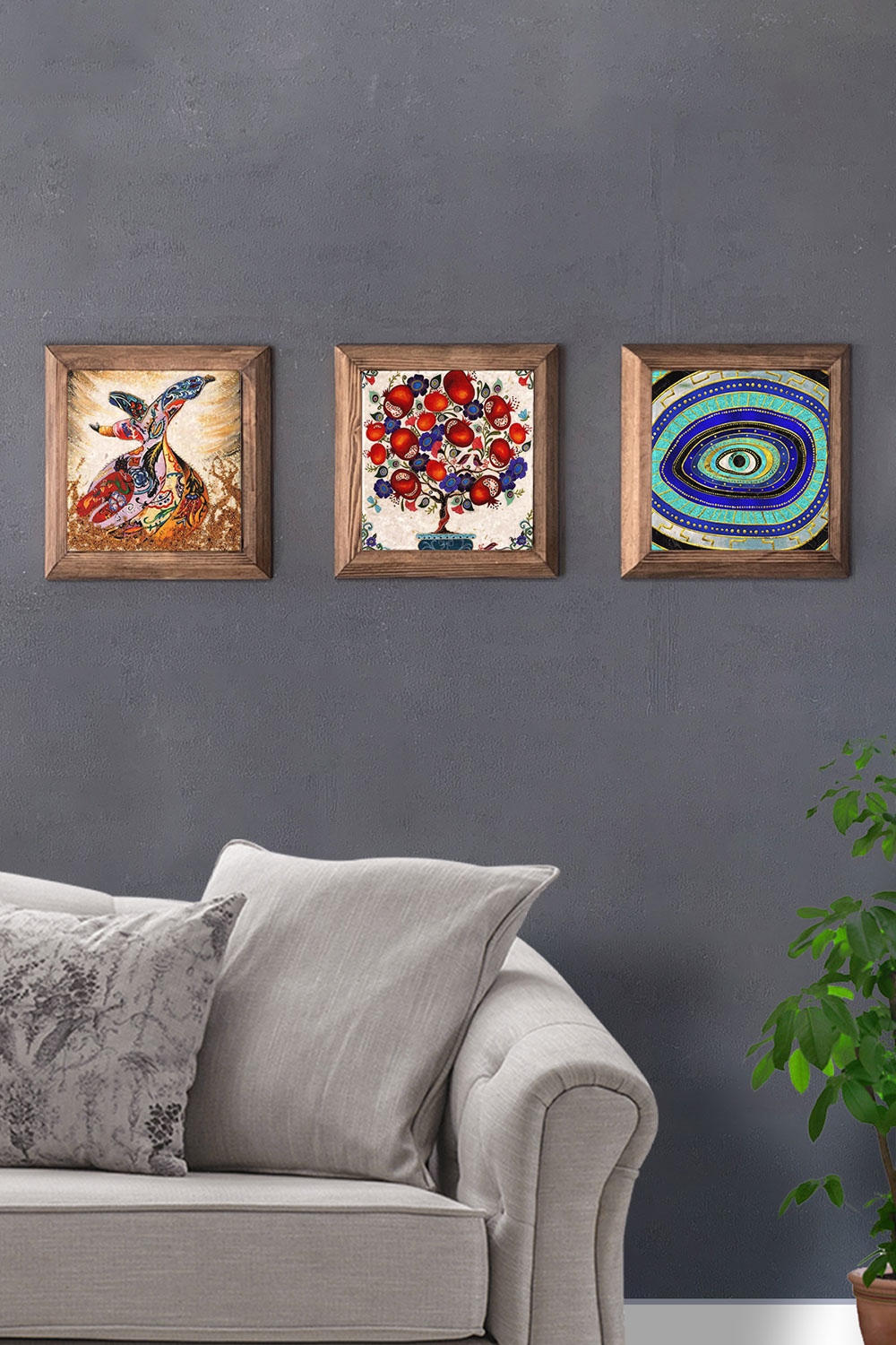 Oscar Stone Decor Masif (Ahşap) Çerçeveli 3'lü Set Taş Tablo Pano 28x28 cm Semazen Nazar Göz Nar