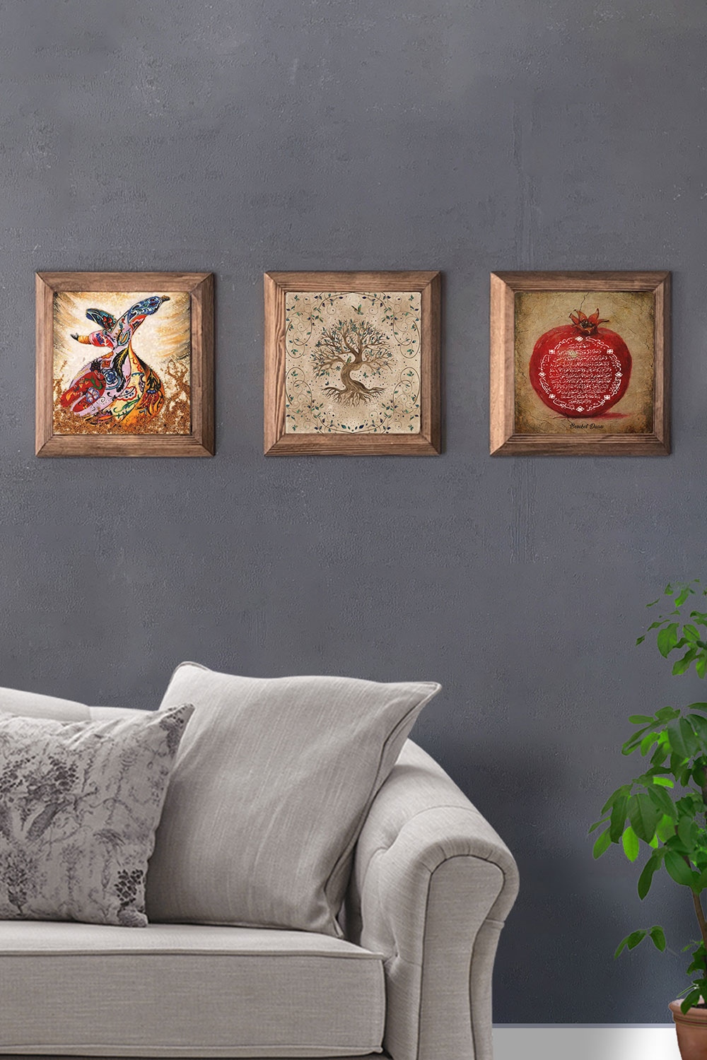Oscar Stone Decor Masif (Ahşap) Çerçeveli 3'lü Set Taş Tablo Pano 28x28 cm Nar Hayat Ağacı Semazen