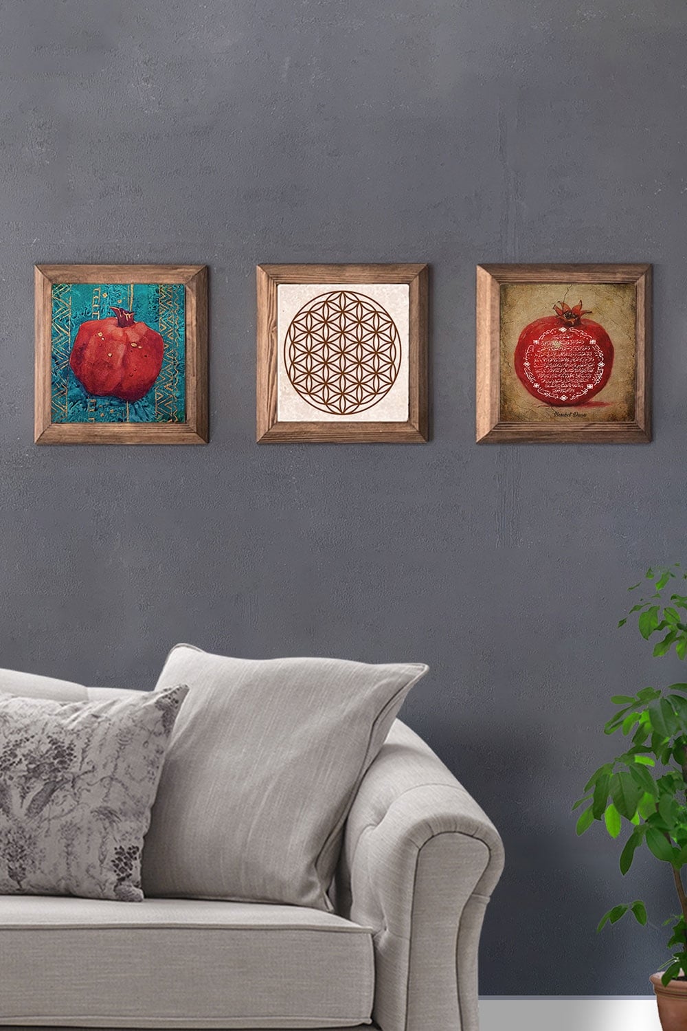 Oscar Stone Decor Masif (Ahşap) Çerçeveli 3'lü Set Taş Tablo Pano 28x28 cm Nar Yaşam Çiçeği Nar Dua