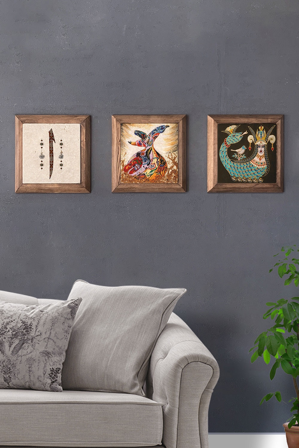 Oscar Stone Decor Masif (Ahşap) Çerçeveli 3'lü Set Taş Tablo Pano 28x28 cm Elif Semazen Şahmeran