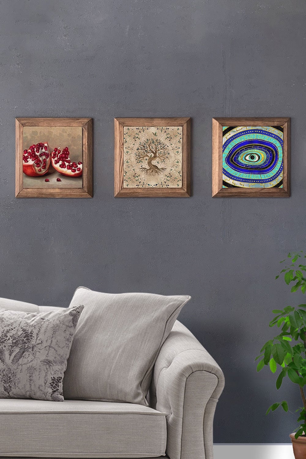 Oscar Stone Decor Masif (Ahşap) Çerçeveli 3'lü Set Taş Tablo Pano 28x28 cm Nar Hayat Ağacı Nazar Göz