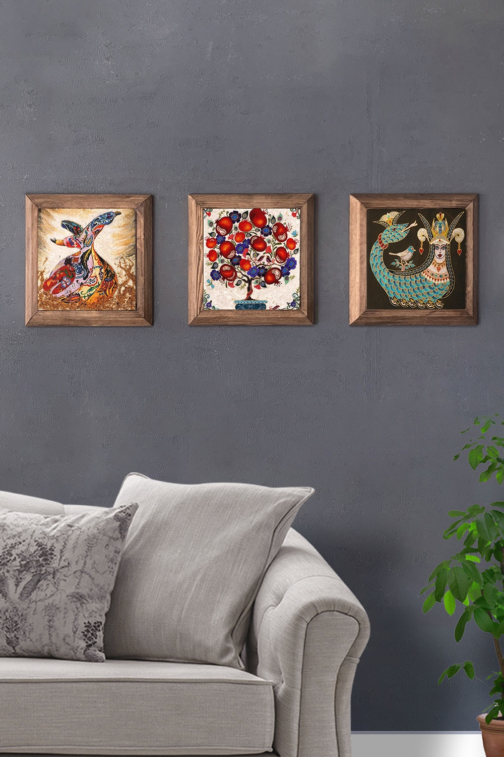 Oscar Stone Decor Masif (Ahşap) Çerçeveli 3'lü Set Taş Tablo Pano 28x28 cm Semazen Şahmeran Nar