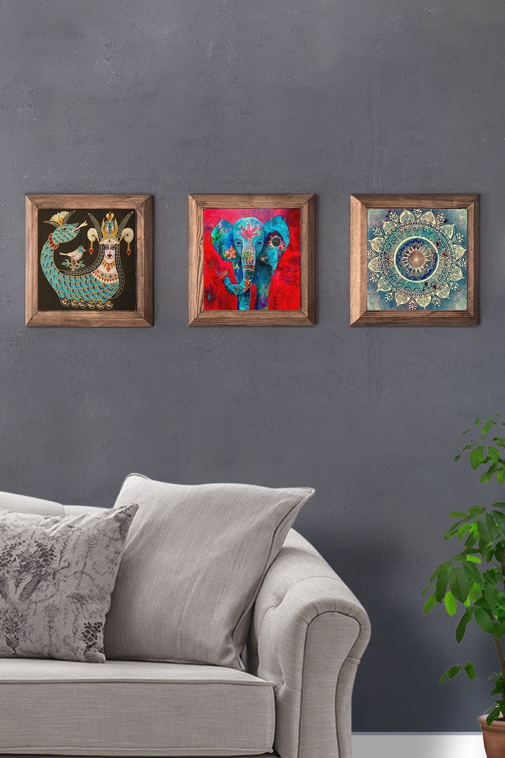 Oscar Stone Decor Masif (Ahşap) Çerçeveli 3'lü Set Taş Tablo Pano 28x28 cm Şahmeran Fil