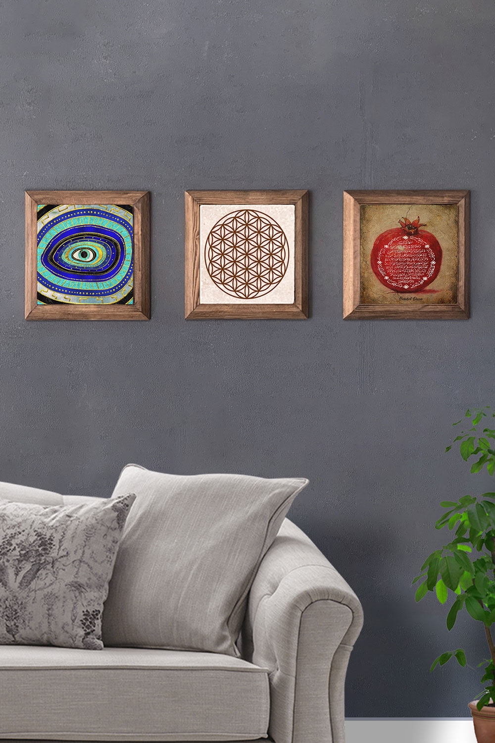Oscar Stone Decor Masif (Ahşap) Çerçeveli 3'lü Set Taş Tablo Pano 28x28 cm Nar Duası Nazar Göz