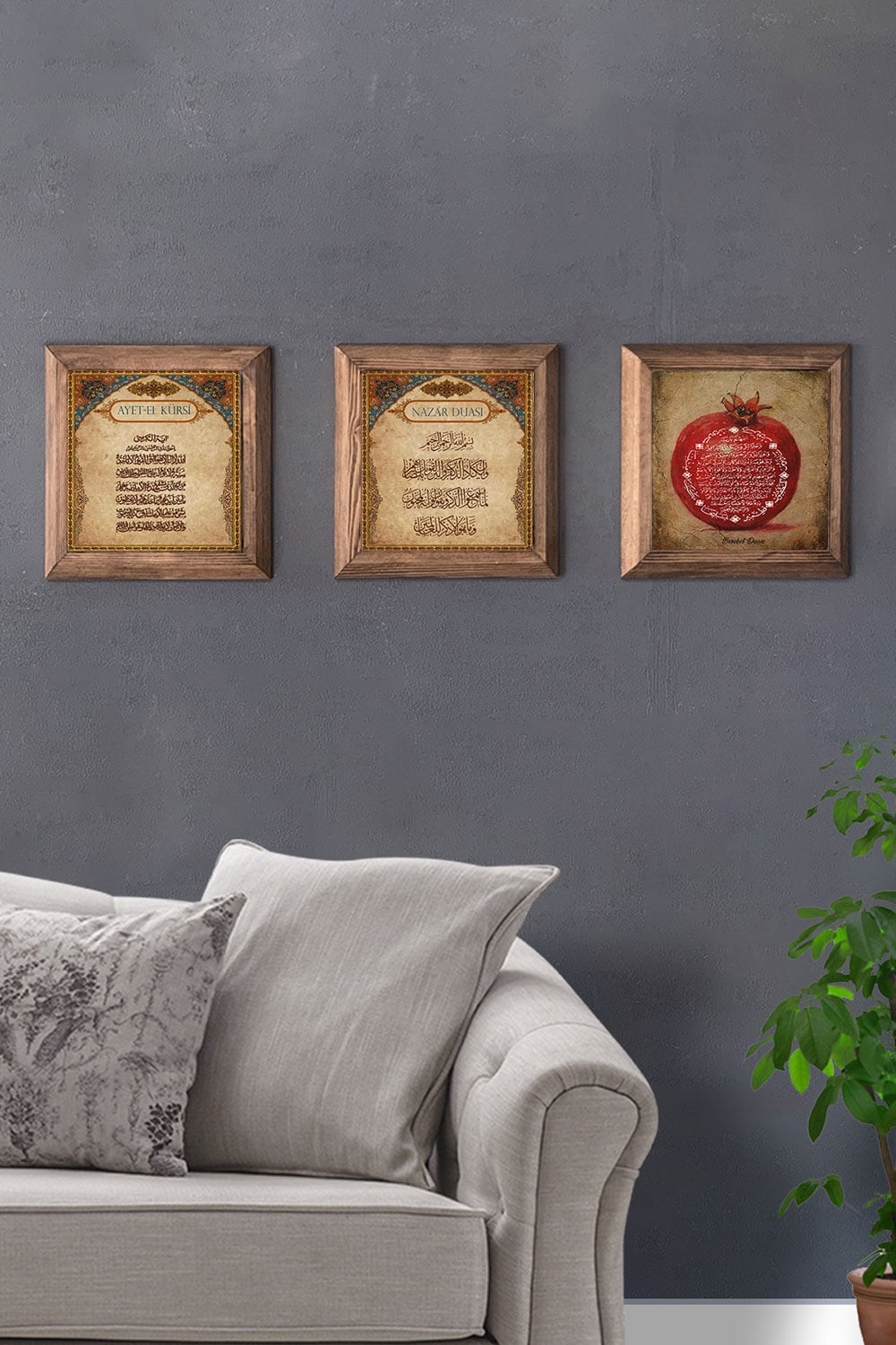 Oscar Stone Decor Masif (Ahşap) Çerçeveli 3'lü Set Taş Tablo Pano 28x28 cm Ayetel  Nazar Nar Dua