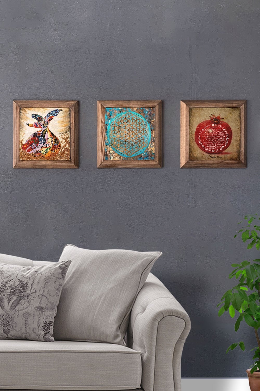 Oscar Stone Decor Masif (Ahşap) Çerçeveli 3'lü Set Taş Tablo Pano 28x28 cm Semazen Yaşam Çiçeği Nar