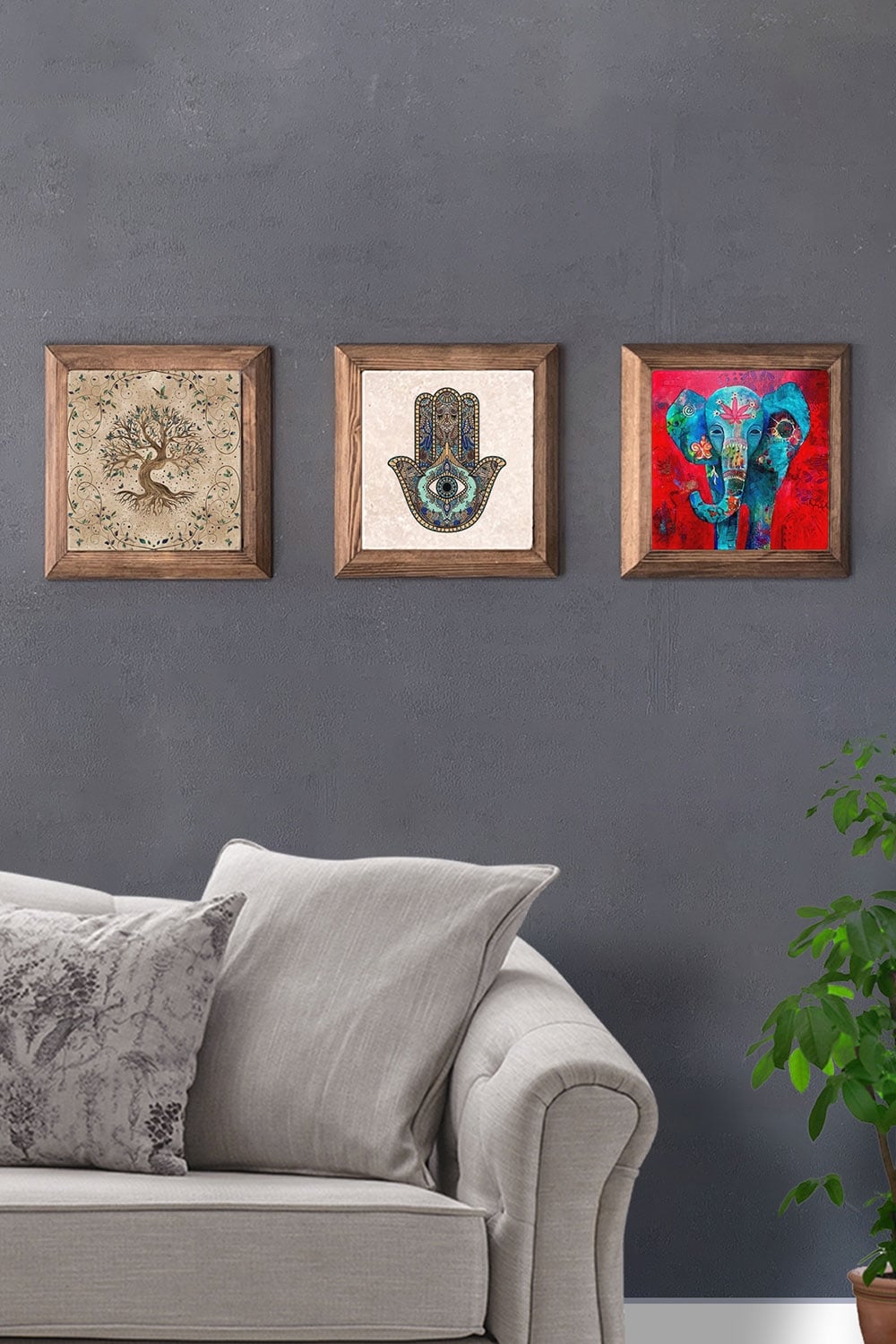 Oscar Stone Decor Masif (Ahşap) Çerçeveli 3'lü Set Taş Tablo Pano 28x28 cm Hayat Ağacı Fatma Ana Fil