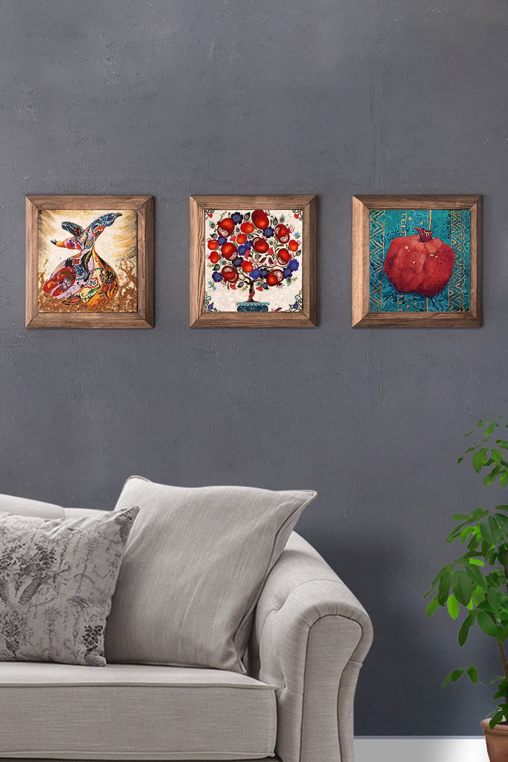 Oscar Stone Decor Masif (Ahşap) Çerçeveli 3'lü Set Taş Tablo Pano 28x28 cm Semazen Nar Ağacı ve Nar