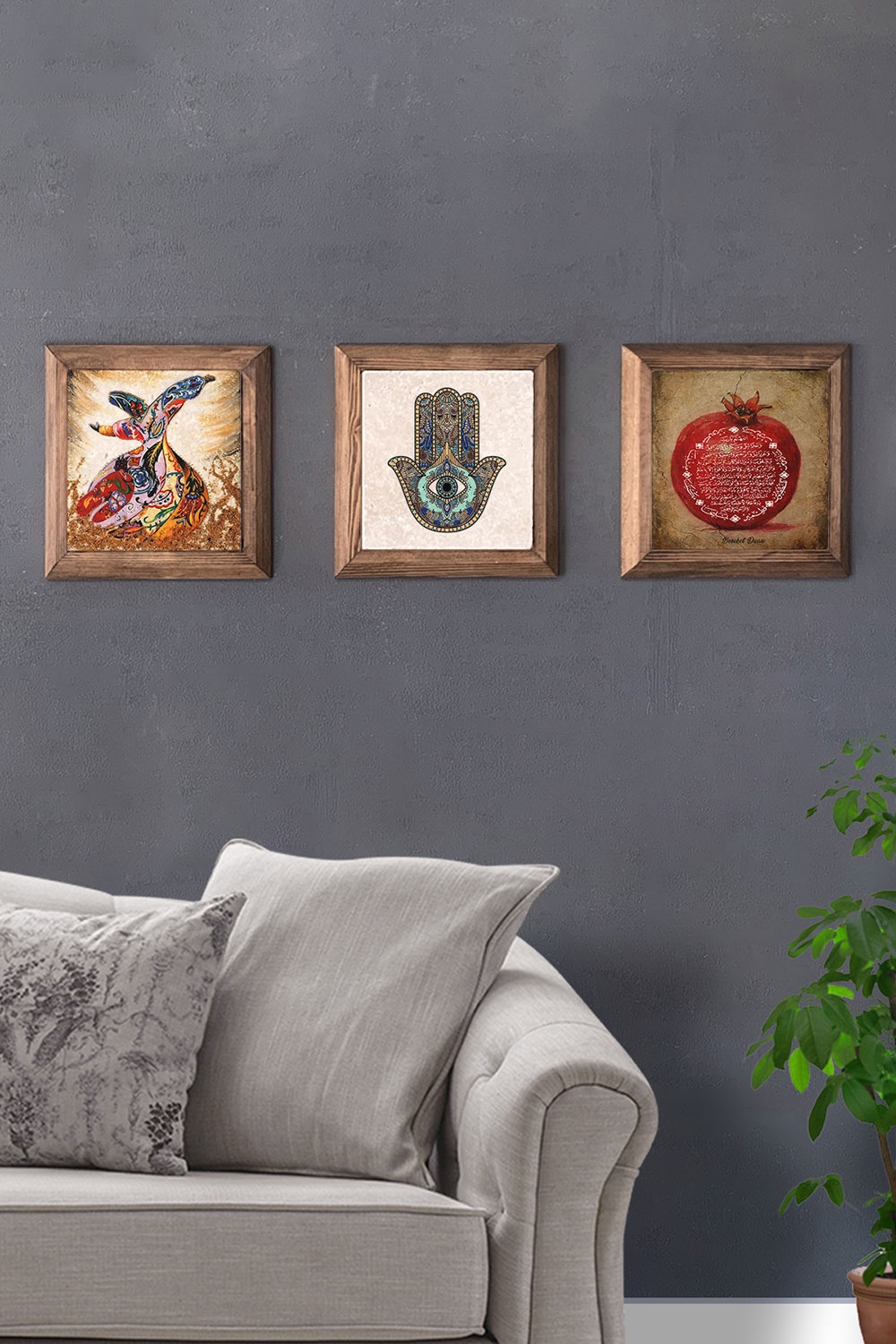 Oscar Stone Decor Masif (Ahşap) Çerçeveli 3'lü Set Taş Tablo Pano 28x28 cm Semazen Fatma Ana Nar Dua