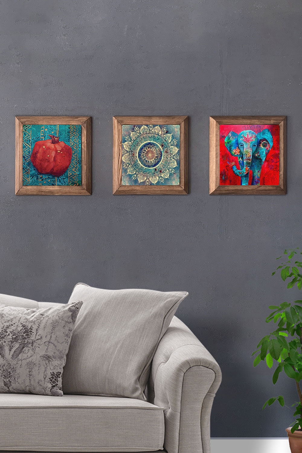 Oscar Stone Decor Masif (Ahşap) Çerçeveli 3'lü Set Taş Tablo Pano 28x28 cm Nar ve Fil