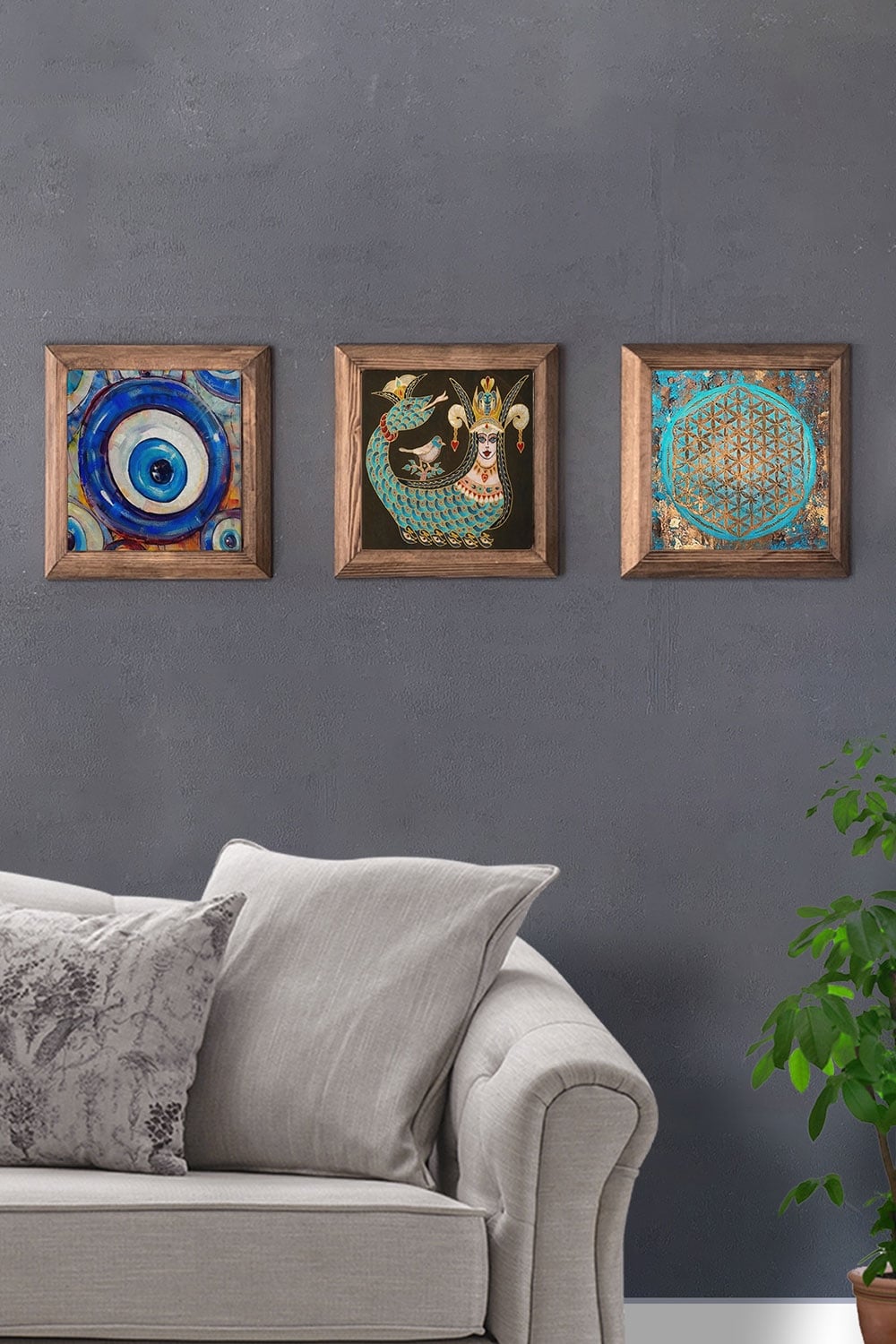 Oscar Stone Decor Masif (Ahşap) Çerçeveli 3'lü Set Taş Tablo Pano 28x28 cm Şahmeran Nazar Boncuğu