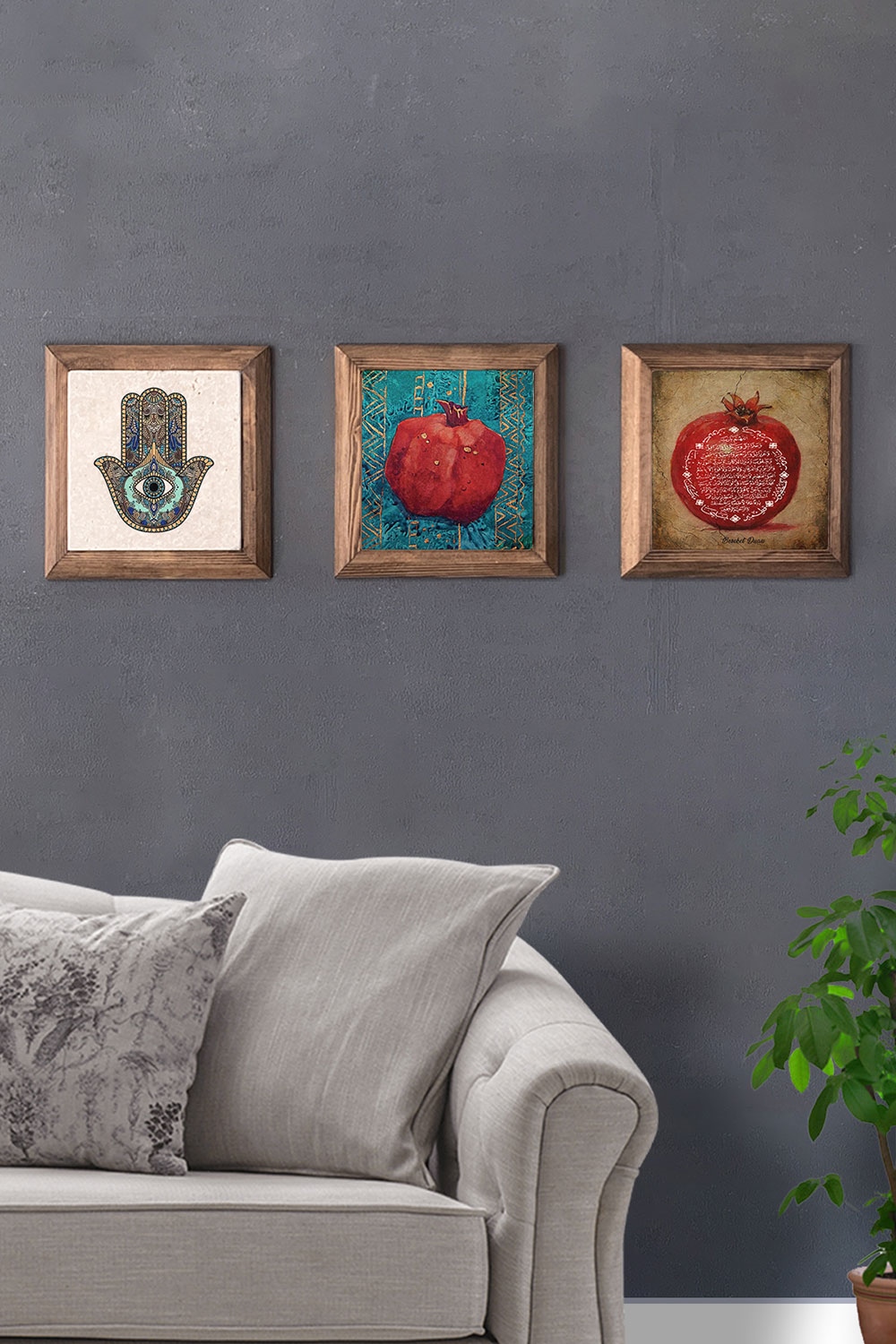 Oscar Stone Decor Masif (Ahşap) Çerçeveli 3'lü Set Taş Tablo Pano 28x28 cm Nar Fatma Ana Nar Dua