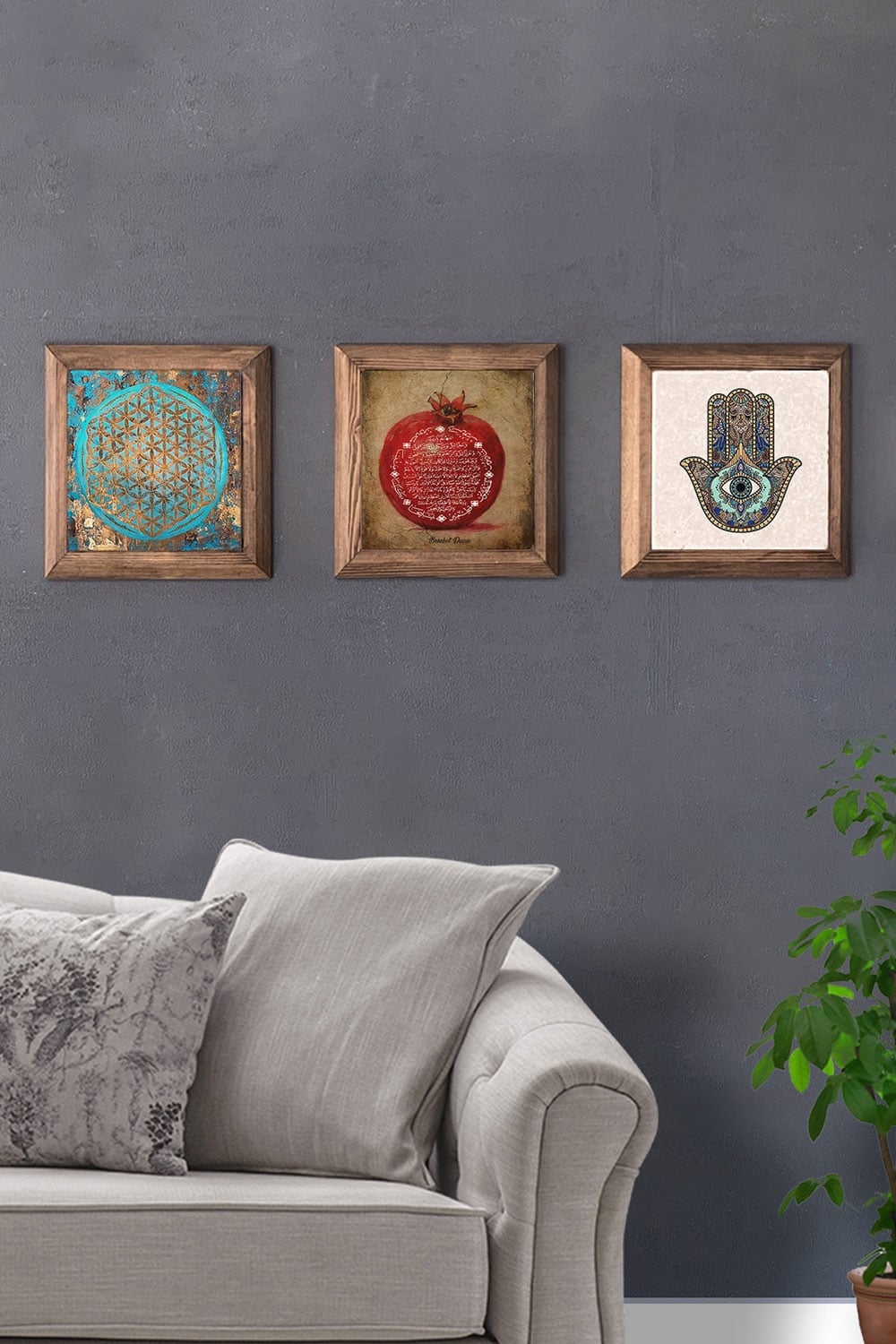 Oscar Stone Decor Masif (Ahşap) Çerçeveli 3'lü Set Taş Tablo Pano 28x28 cm Yaşam Çiçek Nar Fatma Ana