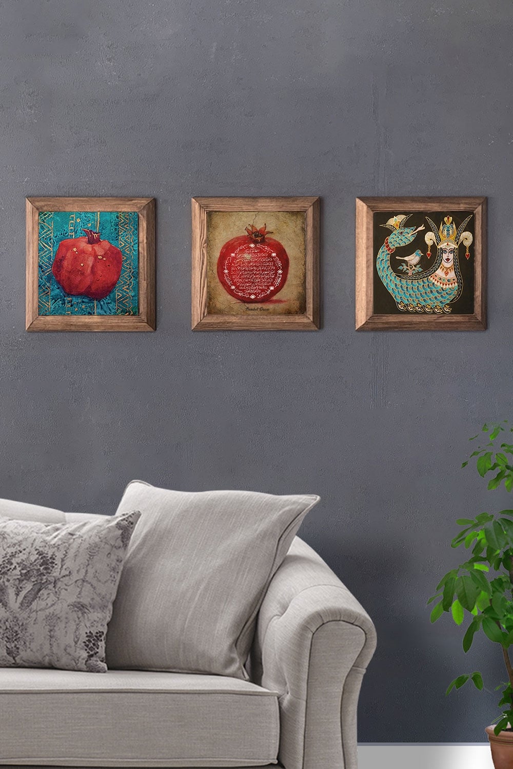 Oscar Stone Decor Masif (Ahşap) Çerçeveli 3'lü Set Taş Tablo Pano 28x28 cm Nar Şahmeran Nar Dua