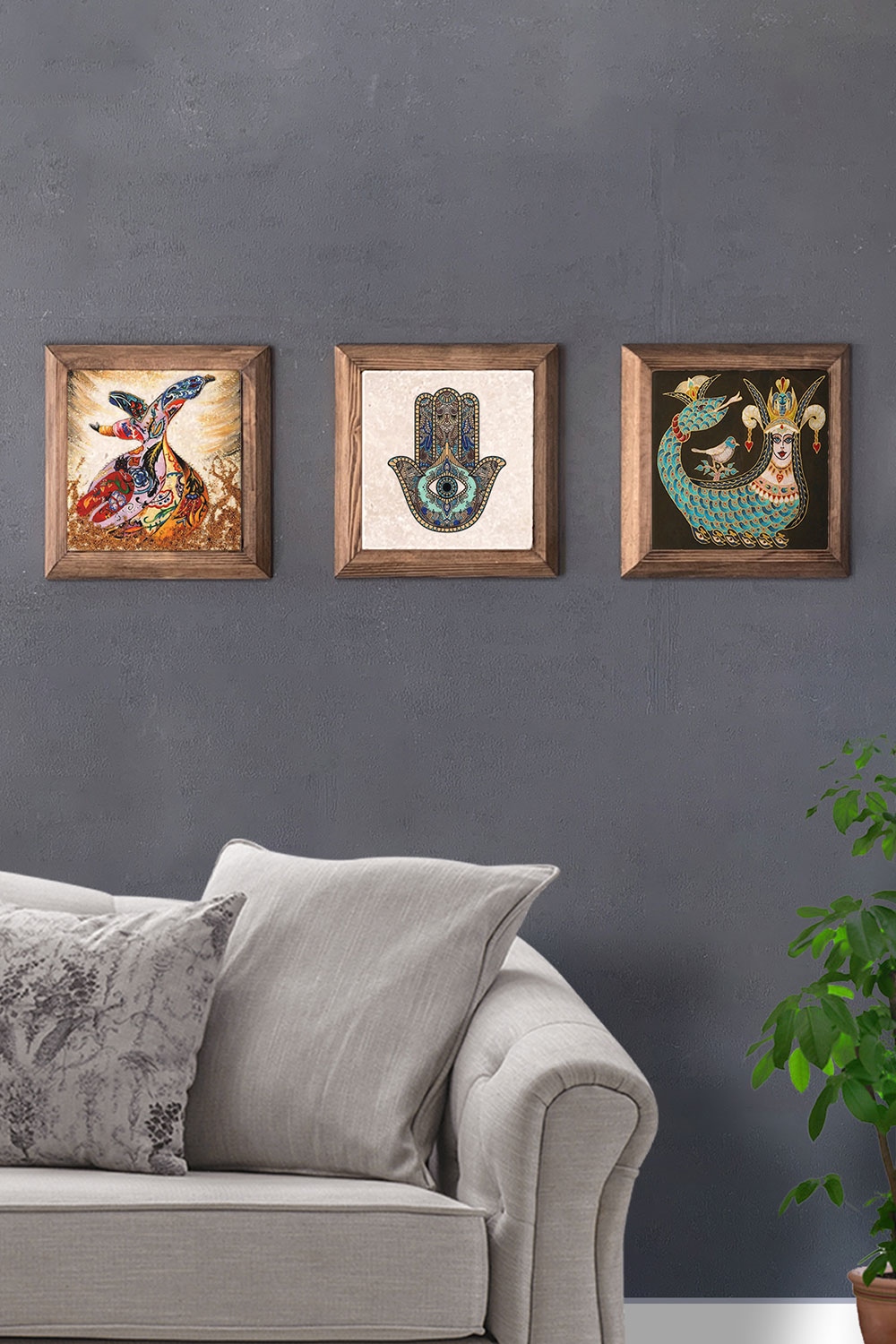 Oscar Stone Decor Masif (Ahşap) Çerçeveli 3'lü Set Taş Tablo Pano 28x28 cm Semzen Şahmeran Fatma Ana