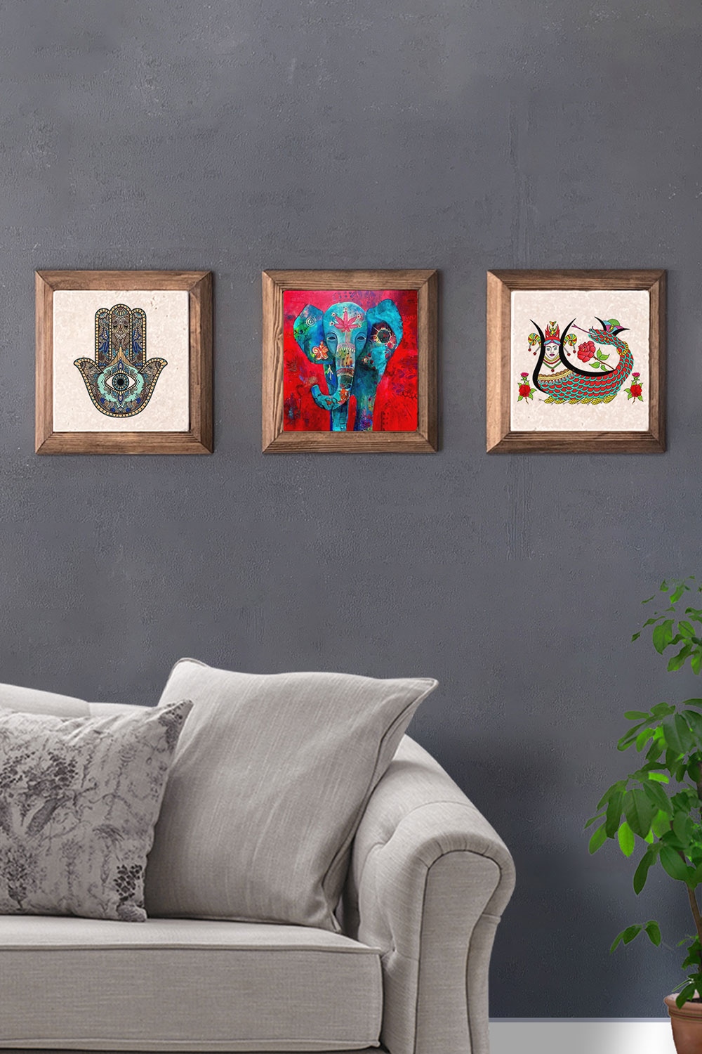 Oscar Stone Decor Masif (Ahşap) Çerçeveli 3'lü Set Taş Tablo Pano 28x28 cm Fil Fatma Ana Şahmeran