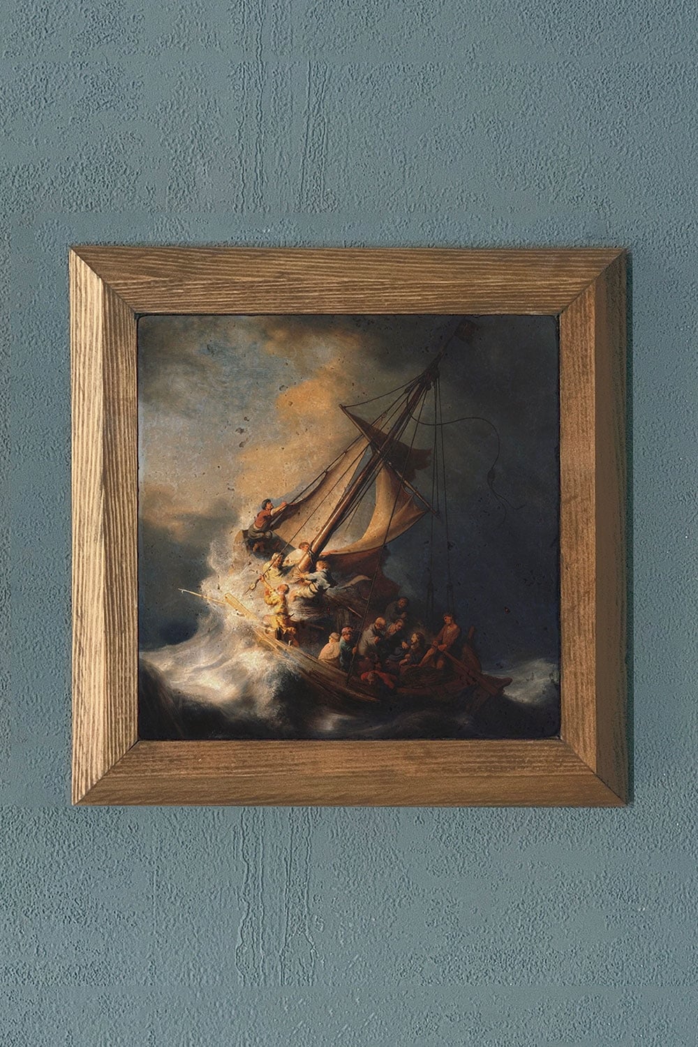 Oscar Stone Decor Masif Çerçeveli Doğaltaş Tablo 28x28 cm The Storm on the Sea of Galilee Rembrandt