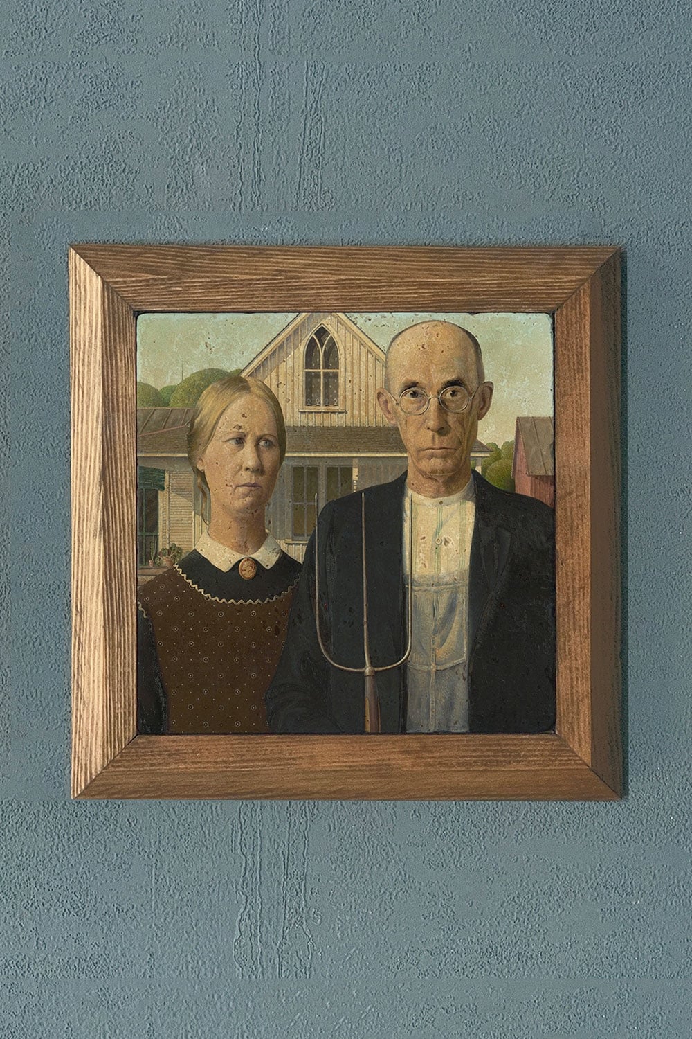 Oscar Stone Decor Masif Çerçeveli Doğaltaş Tablo American Gothic Amerikan Gotiği Grant Wood