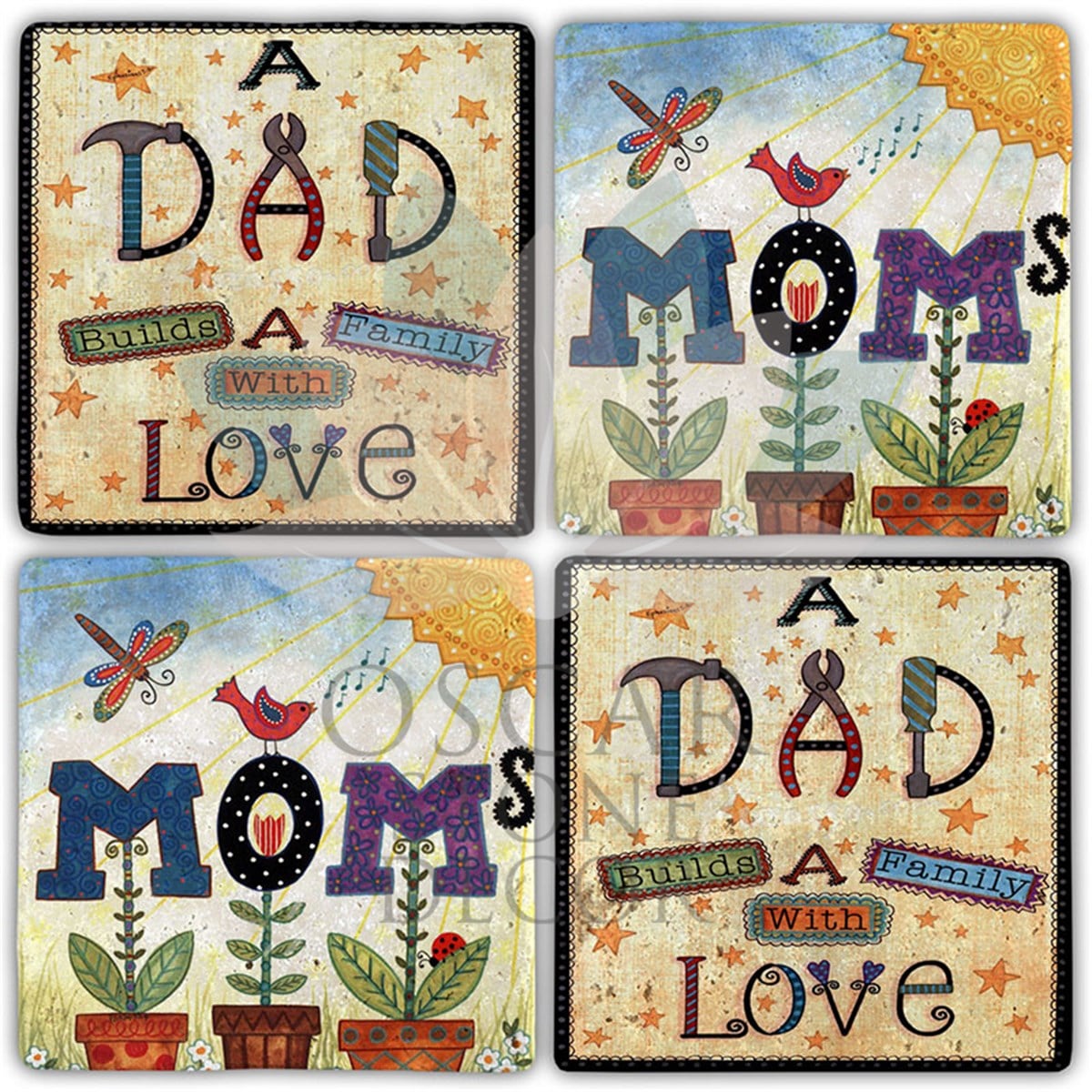 OSCAR STONE DECOR MOM AND DAD 4'lü DOĞALTAŞ BARDAK ALTLIĞI / BA391 (COASTER)