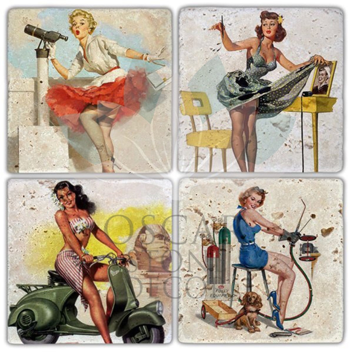 OSCAR STONE DECOR PIN UP GIRLS 4'lü DOĞALTAŞ BARDAK ALTLIĞI / BA326 (COASTER)