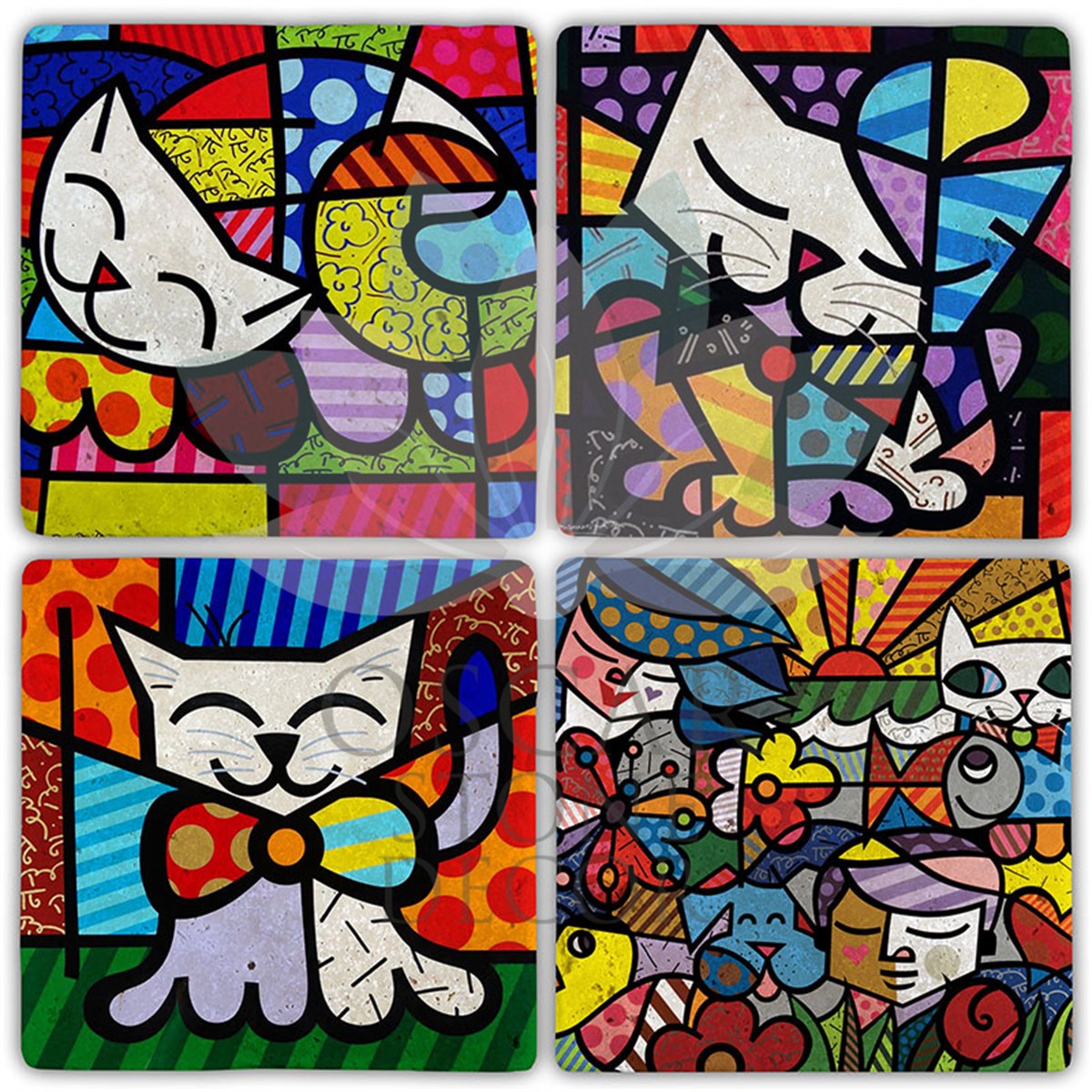 OSCAR STONE DECOR RENGARENK KEDİLER 4'lü DOĞALTAŞ BARDAK ALTLIĞI / BA347 (COASTER)