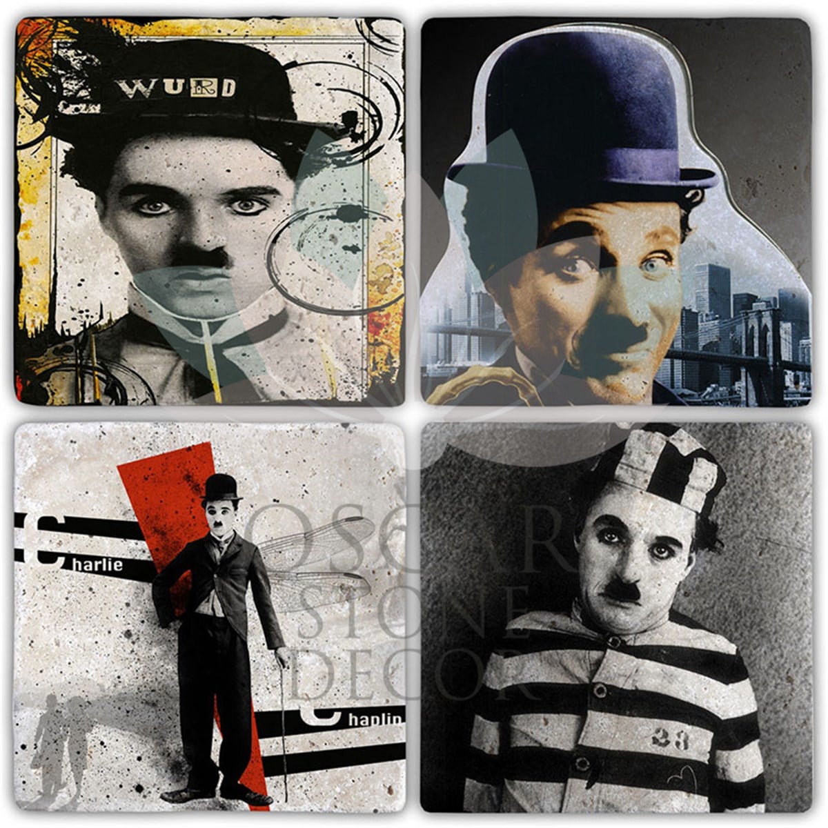 OSCAR STONE DECOR ŞARLO CHAPLIN 4'lü DOĞALTAŞ BARDAK ALTLIĞI / BA441 (COASTER)