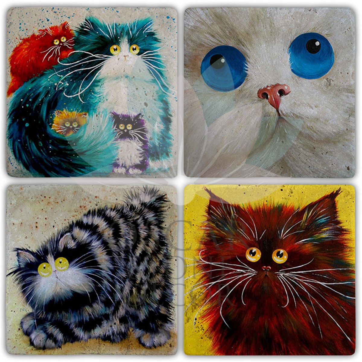 OSCAR STONE DECOR ŞAŞKIN KEDİLER 4'lü DOĞALTAŞ BARDAK ALTLIĞI / BA384 (COASTER)
