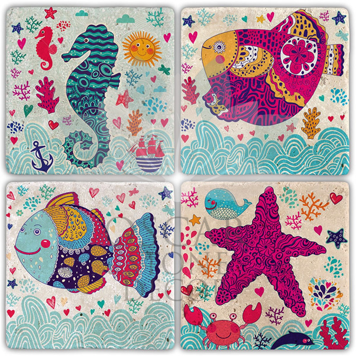 OSCAR STONE DECOR SEA ANIMALS SET 4'lü DOĞALTAŞ BARDAK ALTLIĞI / BA440 (COASTER)