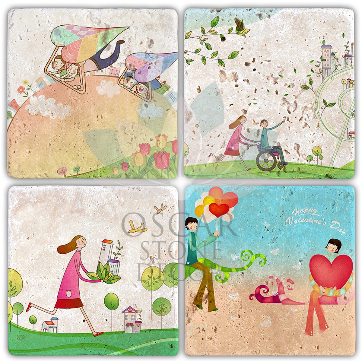 OSCAR STONE DECOR SEVGİLİLER GÜNÜ 4'lü DOĞALTAŞ BARDAK ALTLIĞI / SBA12 (COASTER)