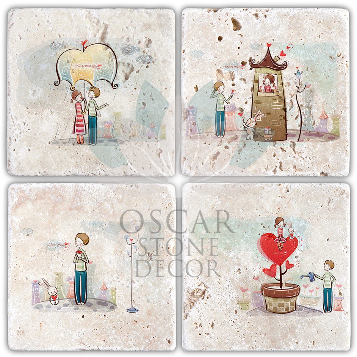 OSCAR STONE DECOR SEVGİLİLER GÜNÜ 4'lü DOĞALTAŞ BARDAK ALTLIĞI / SBA11 (COASTER)